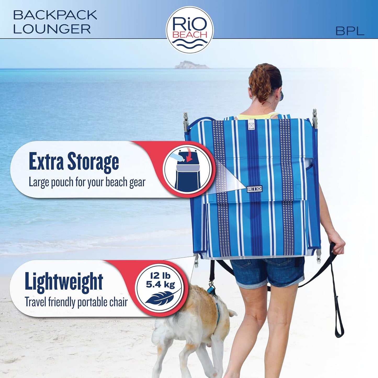 Rio Beach Portable Lay Flat Folding Backpack Beach Lounge Chair with Backpack Straps and Storage Pouch, Blue and Red