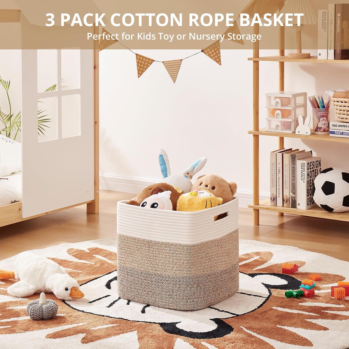 OIAHOMY 13 Inch Cube Storage Bins, 3-Pack Cotton Rope Woven Baskets for Organizing, Insert Storage Baskets for Shelves, Baby Nursery, Closet Organizer, 13 * 13 * 12.6IN, Gradient Brown