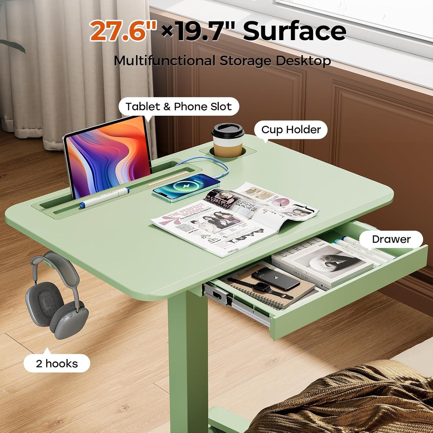 Mobile Standing Desk with Drawer, 28" Rolling Desk with Cup Holder and Hooks, Portable Laptop Workstation on Wheels, Height Adjustable Cart with Storage for Home Office, Sage Green