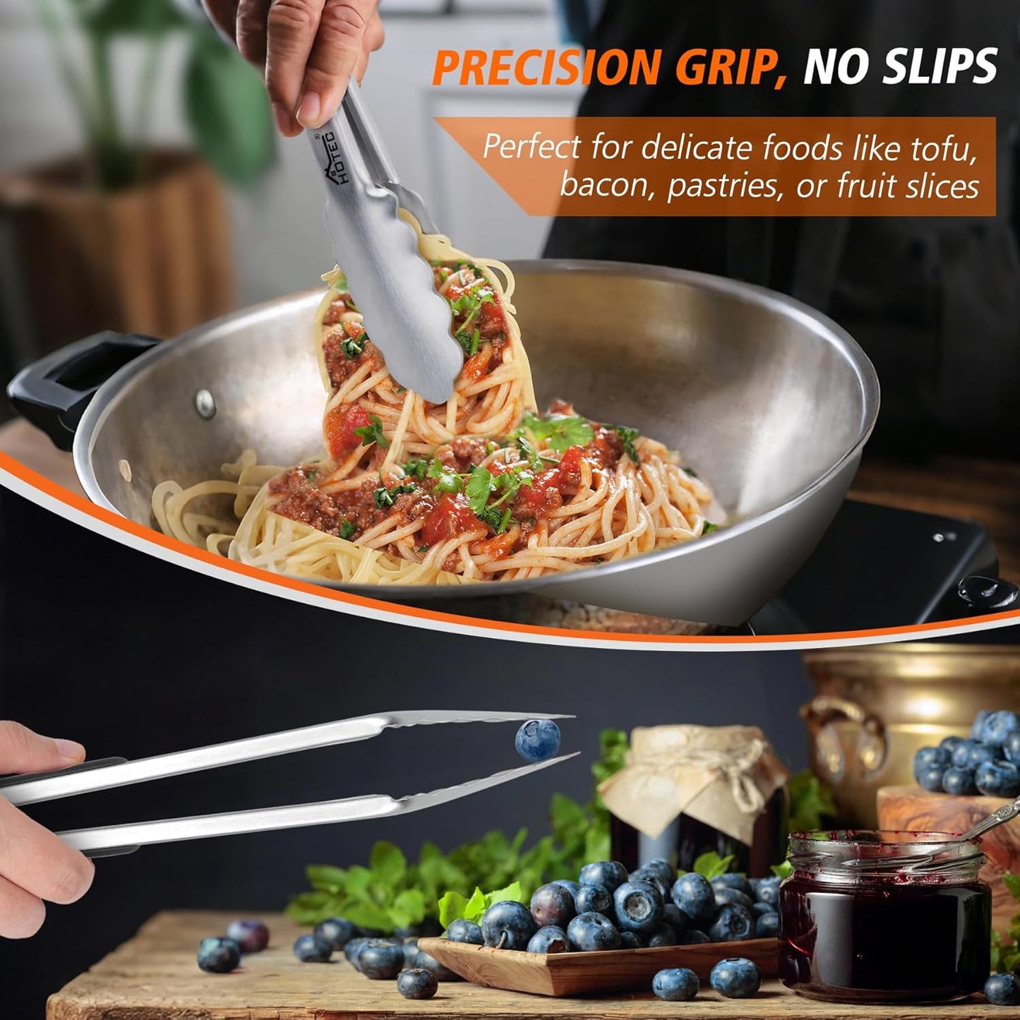 Hotec Stainless Steel Kitchen Tongs, Set of 2-9" and 12", Locking Metal Food Tongs for Cooking, Serving, BBQ, Grill Non-Slip Grip