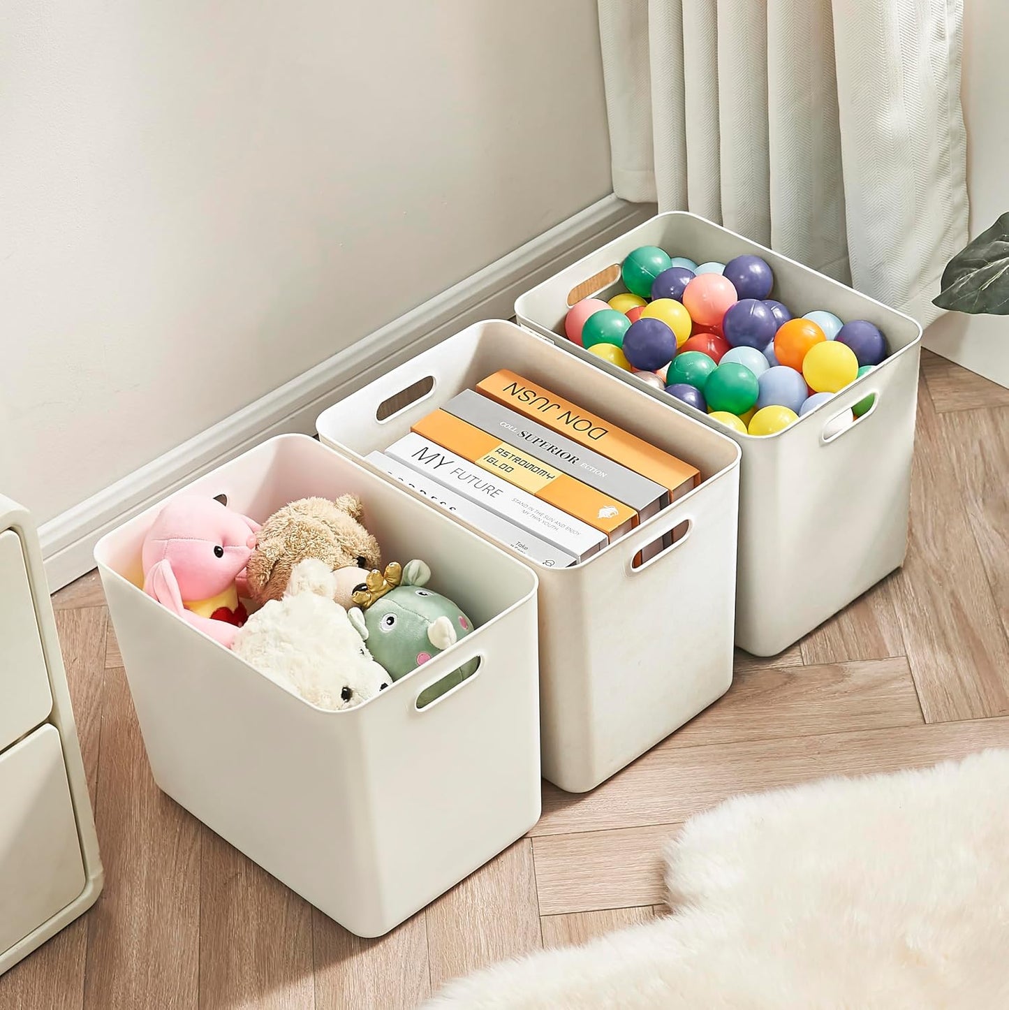 4 pack large plastic White storage bins with Lids, Toy Box Chest with Handle，Organizer Containers Baskets for Baby,Nursery，Shelves，Playroom, Bedroom，Office,Closet，home (White, 4XL)