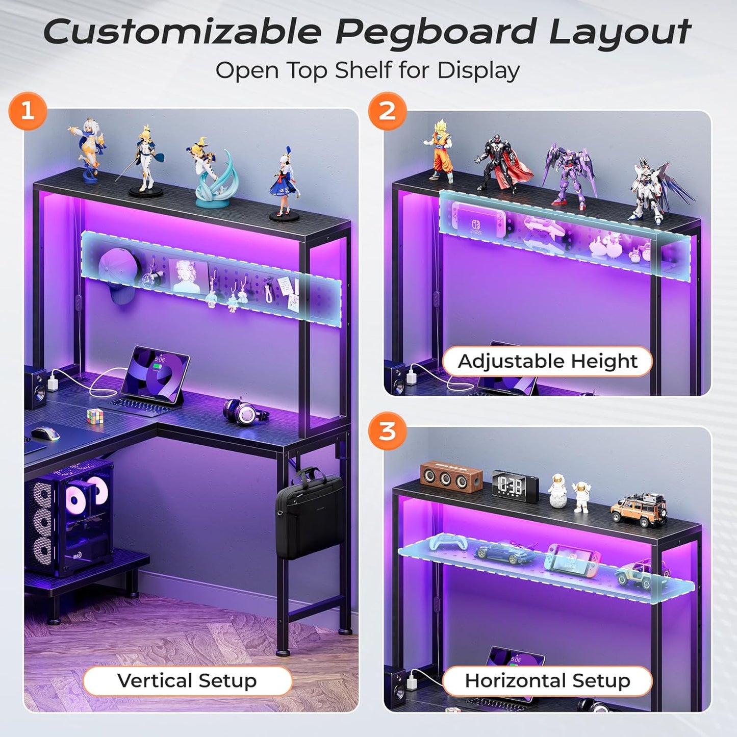 PRAISUN 51.2" L Shaped Gaming Desk with Power Outlets & USB-C Port, LED Lights, Computer Desk with Pegboard, Corner Desk with Storage Shelves & Bag, Office Desk with CPU Stand for Home Office, Black