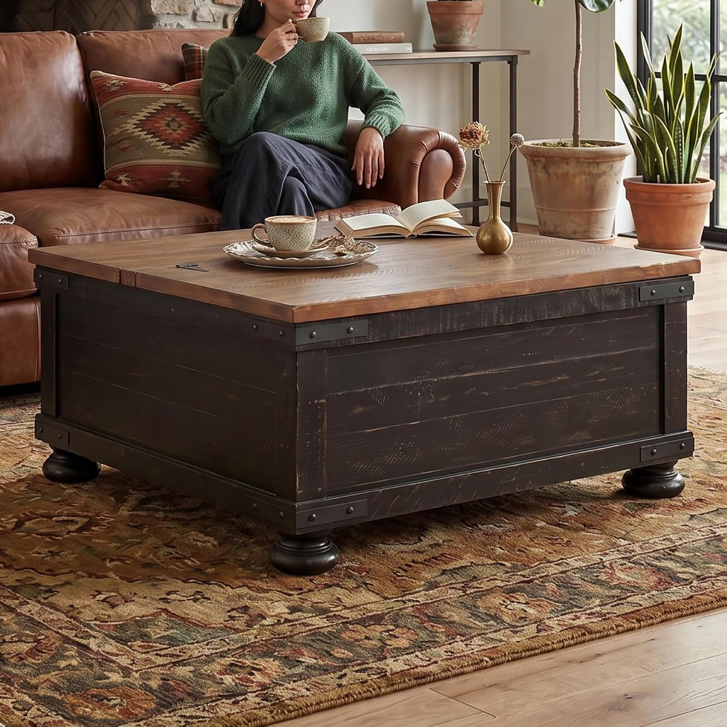 Signature Design by Ashley Lift Top Coffee Table with Storage, Farmhouse | Pine veneers, wood & engineered wood, Split-top spring lift, Hidden trunk storage, 36-in square footprint, Valebeck Series