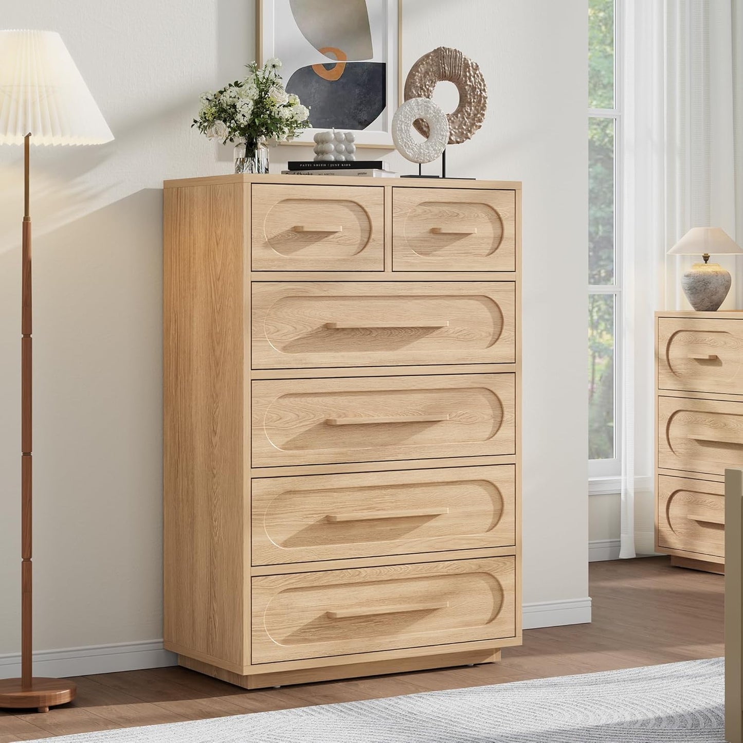 6 Drawer Dresser for Bedroom, 44" Tall Modern Chest of Drawers with Solid Wood Handle, Large Wood Storage Dresser Organizer for Bedroom, Living Room, Natural Oak