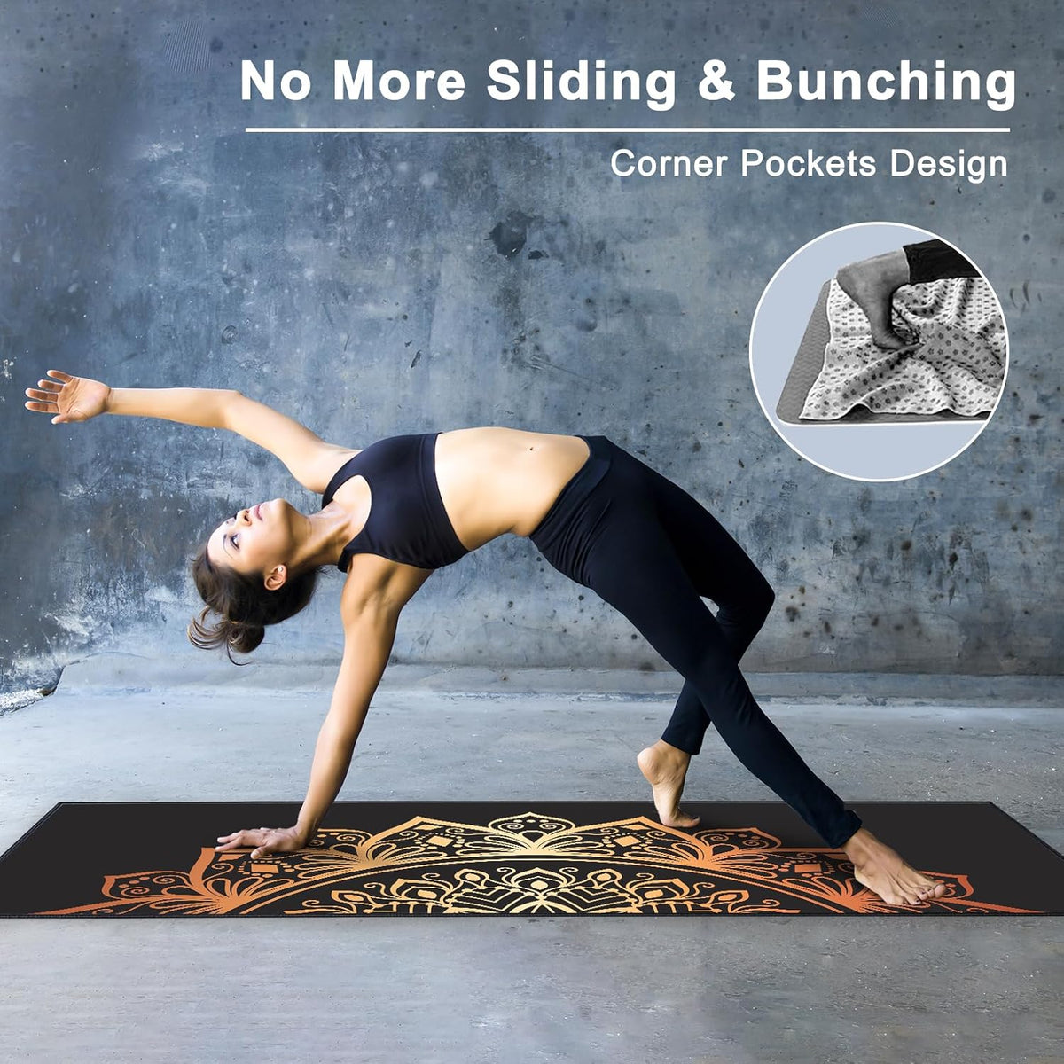 QiyI Hot Yoga Towel with Grip Dots, Non Slip, 70"x26", Golden Mandala