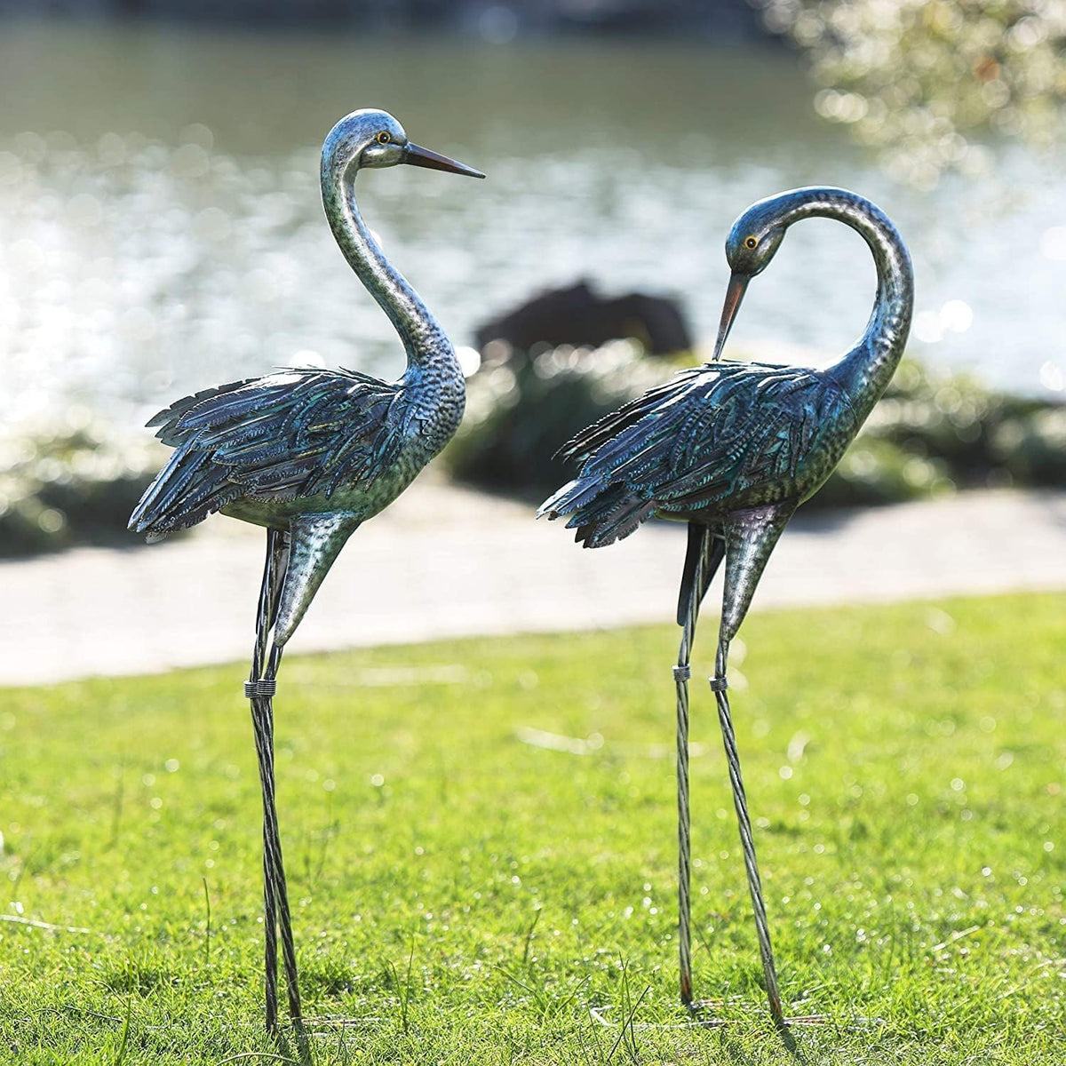 Kircust Metal Blue Heron Standing Crane Statues Outdoor Garden Decor