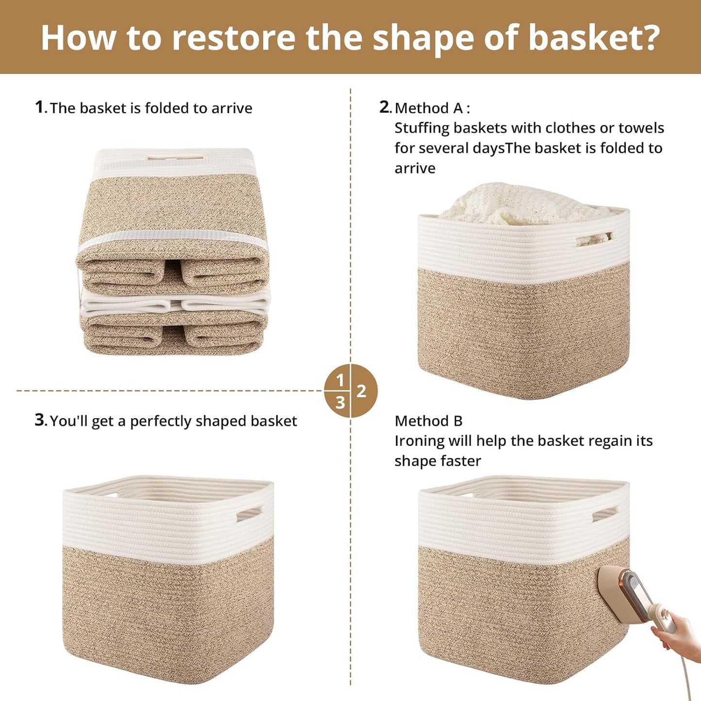 OIAHOMY 13 Inch Cube Storage Bins, 3-Pack Cotton Rope Woven Baskets for Organizing, Insert Storage Baskets for Shelves, Baby Nursery, Closet Organizer, 13 * 13 * 12.6IN, Brown & White