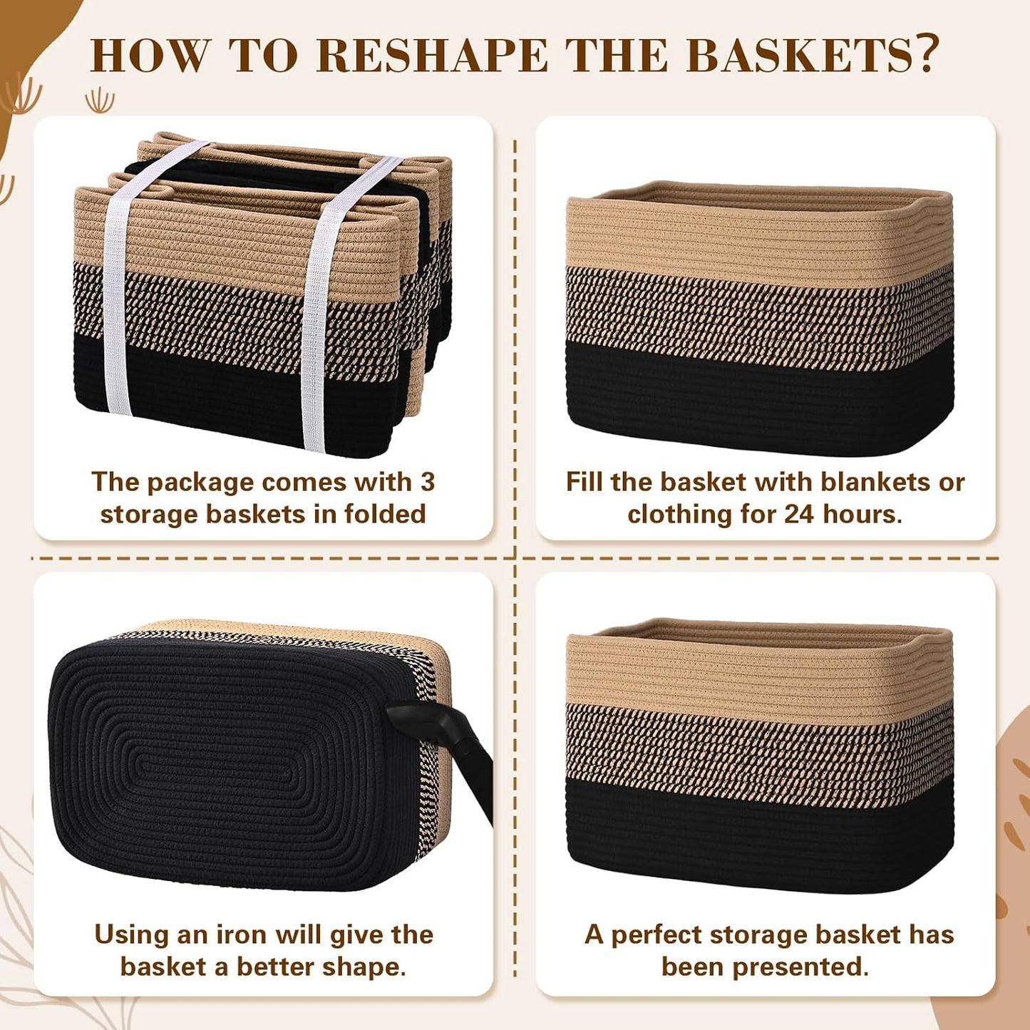 Baskets for Organizing, Storage Baskets, 3 Pack Baskets for Shelfves, 15"×10"×9" Woven Basket, toy storage bins, bins for organization