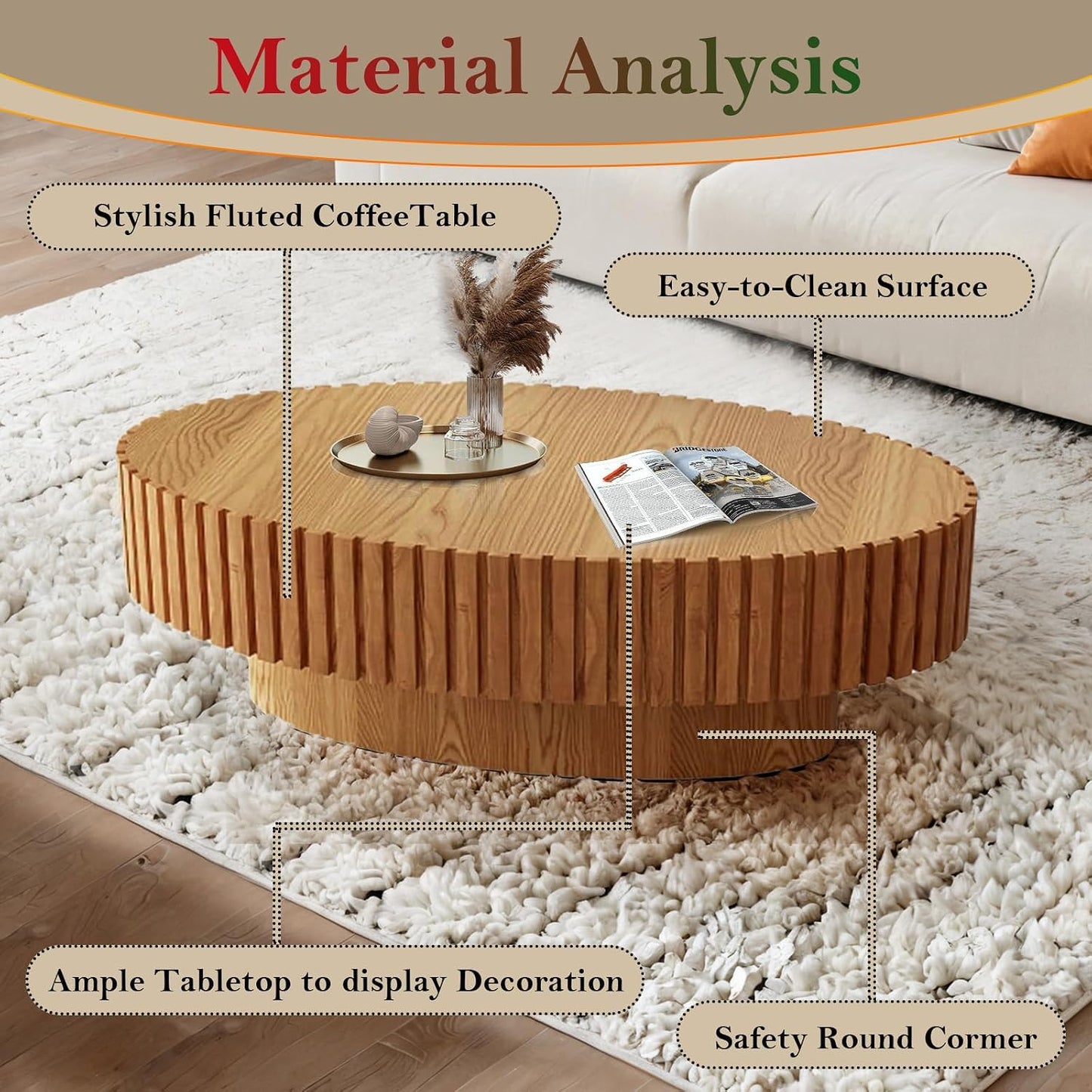 Handcraft Fluted Coffee Table with Sturdy Pedestal (Oval Wood 43.3in) | 43.3" Oval Drum Center Tables | for Living Room Apartment Farmhouse | Easy to Assembly