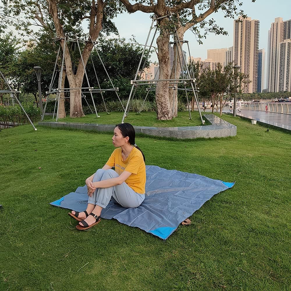 Orga'Neat Pocket Picnic Blanket, Beach Mat Waterproof Sandproof, Compact Lightweight Small Tarp for Camping, Hiking, Backpacking, Festival, Travel, Foldable in Bags (Grey/Blue, 55"x60")