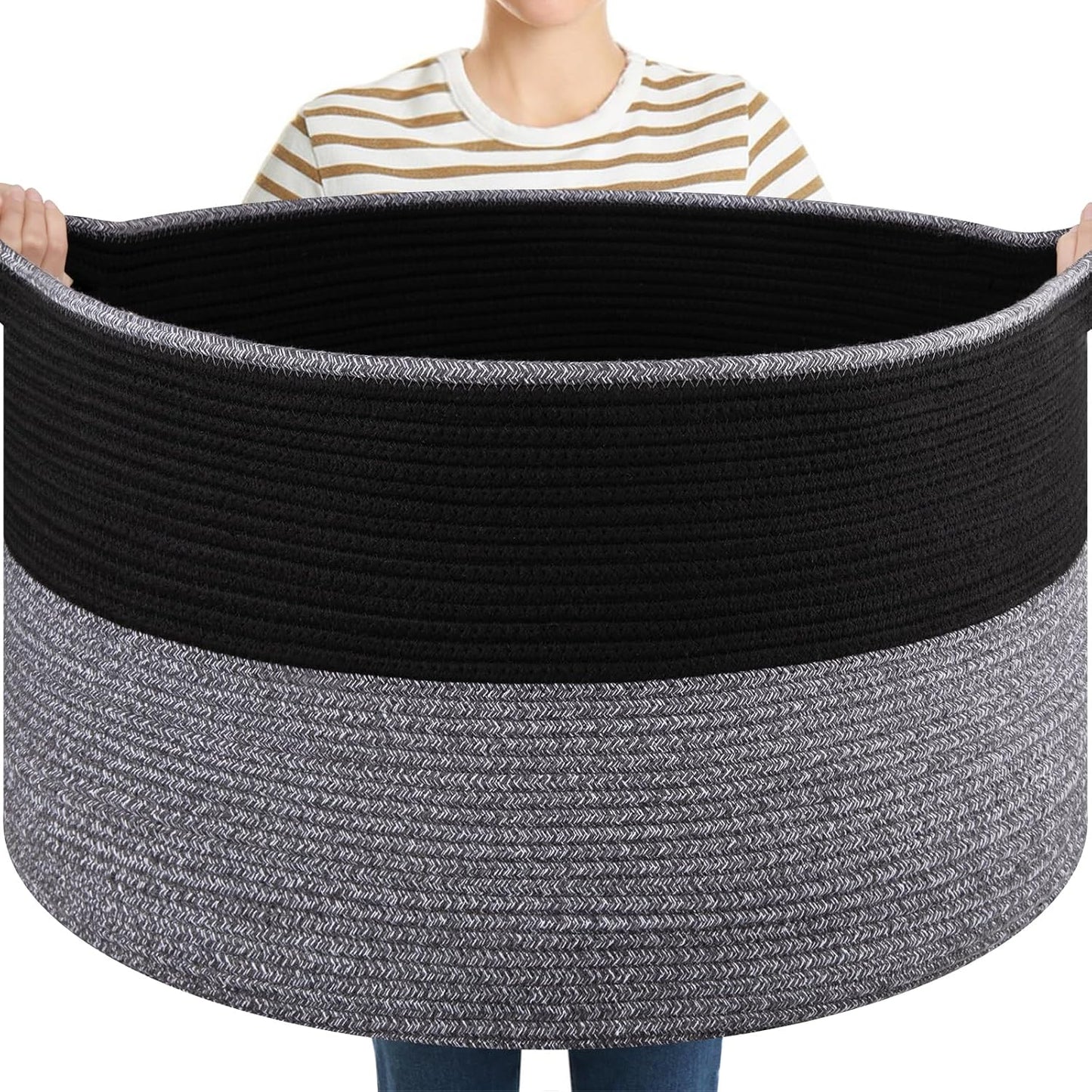 OIASKET Large Blanket Basket with Handles, 22.8" x 22.8" x 13" Woven Storage Basket for Living Room, Cotton Rope Baby Toy Storage for Clothes, Pillows, Towels-Black and Grey