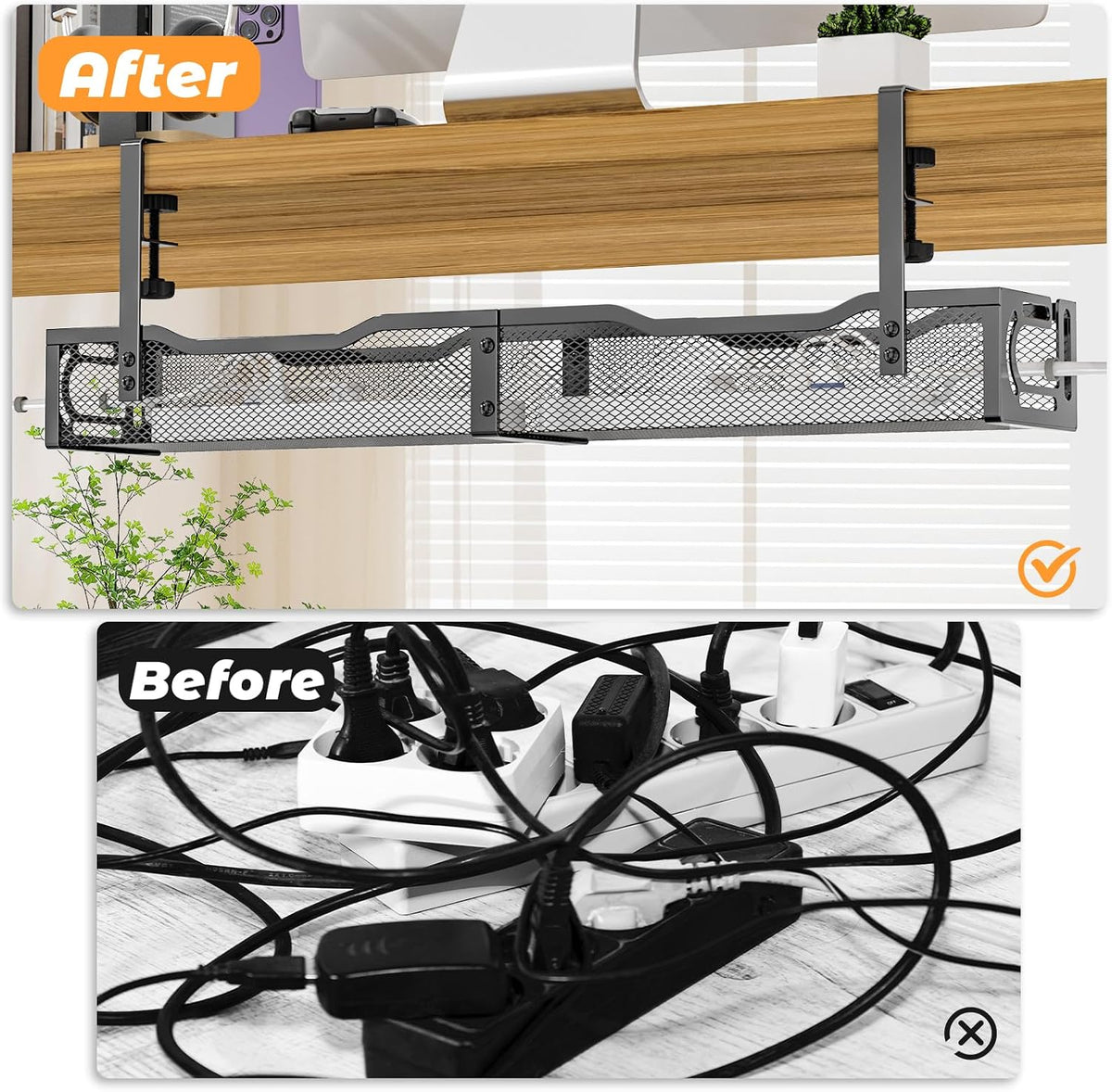 Under Desk Cable Management Tray, No Drill Steel Desk Cable Organizers, Wire Management Tray Cable Management Rack (24.4" Length-Black)