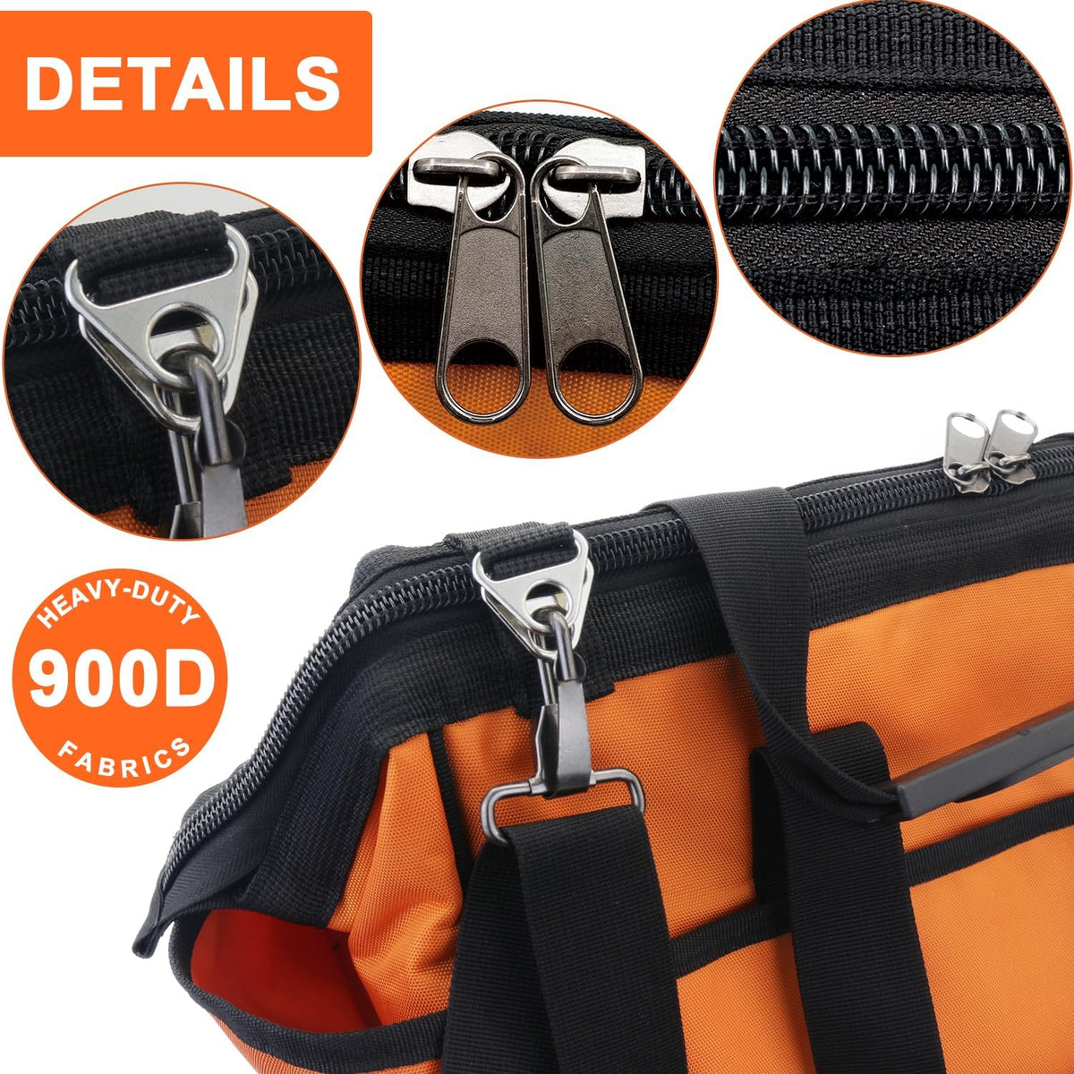 16 Inch Heavy Duty Tool Bag - Molded Plastic Base, Waterproof 900D Oxford Cloth, 16 Pockets Wide Mouth Tool Organizer with Shoulder Strap for Power/Hand Tools (Orange)