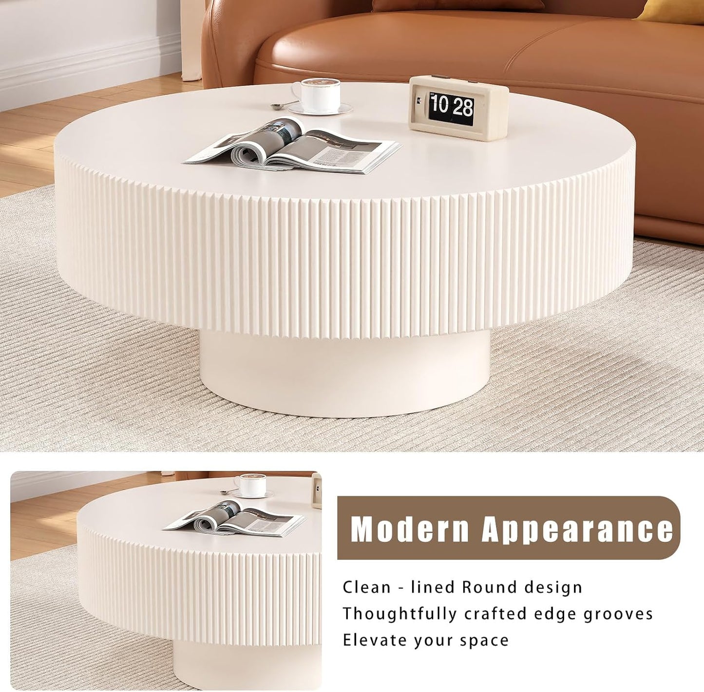 Modern Wood Round Coffee Table for Living Room (30.9inIvory White Thick) | Drum Round Fluted Coffee Table with Sturdy Base, Circular Pedestal Center Table for Office Patio, Easy Assembly