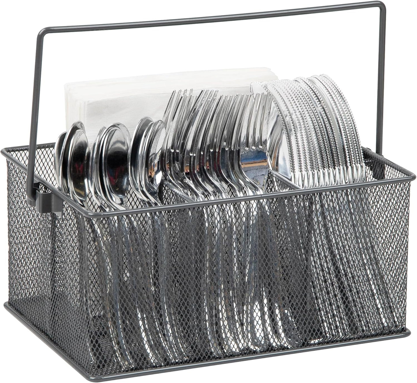 Mind Reader Multi-purpose Storage Caddy with Handle, Desktop Organizer, Cutlery Holder, 4 Compartments, Metal Mesh, Turquoise