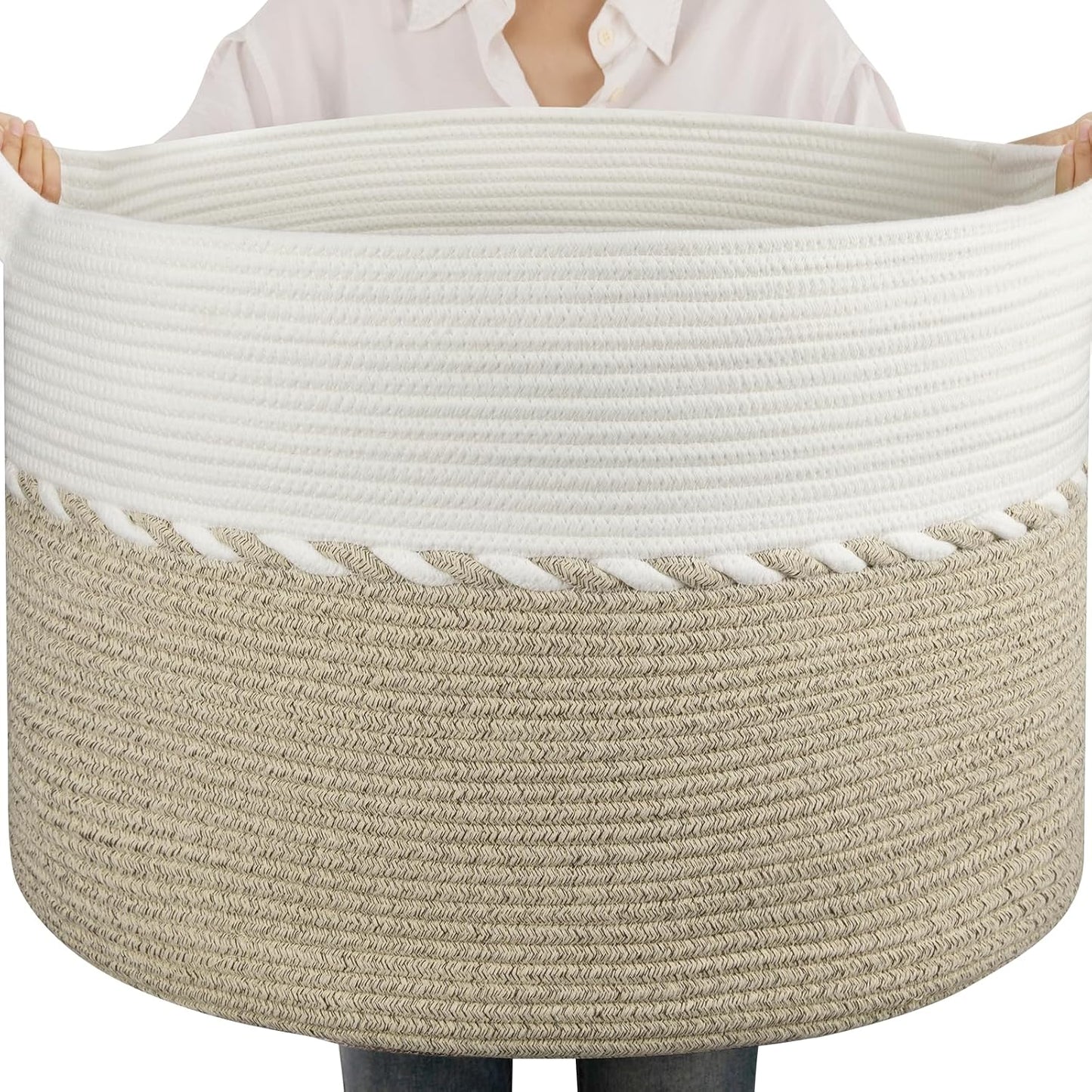OIAHOMY 105L Extra Large Blanket Basket - Decorative Cotton Rope Storage Basket for Bedroom, Living Room & Nursery - Woven Laundry Hamper for Organizing Blankets, Clothes & Toys - Light Brown & White