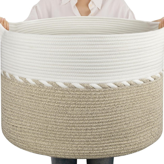 OIAHOMY 105L Extra Large Blanket Basket - Decorative Cotton Rope Storage Basket for Bedroom, Living Room & Nursery - Woven Laundry Hamper for Organizing Blankets, Clothes & Toys - Light Brown & White