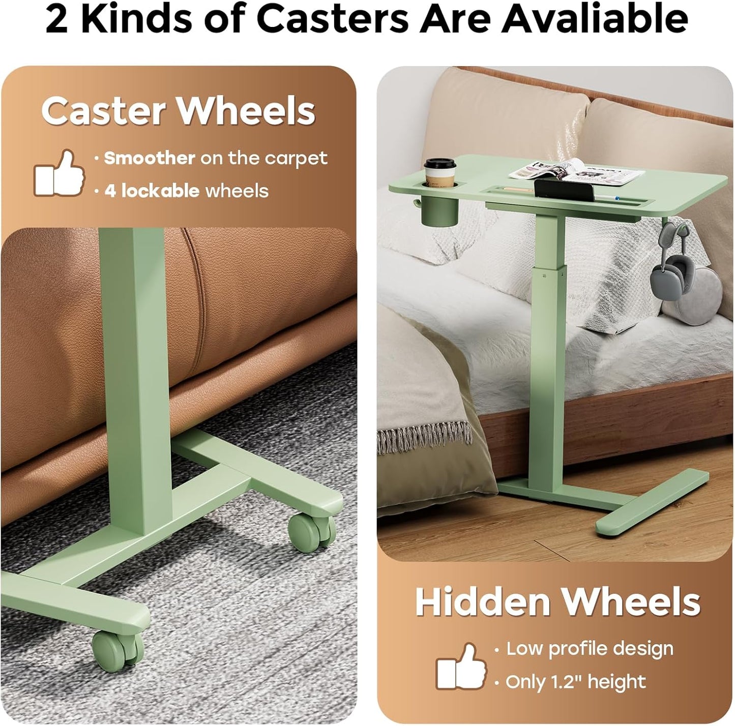 Mobile Standing Desk with Drawer, 28" Rolling Desk with Cup Holder and Hooks, Portable Laptop Workstation on Wheels, Height Adjustable Cart with Storage for Home Office, Sage Green