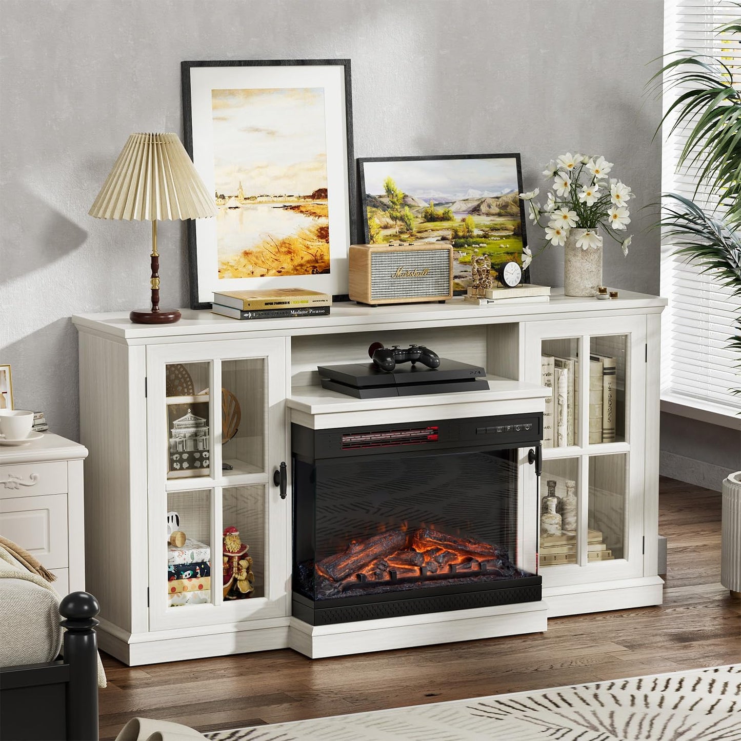 JUMMICO Fireplace TV Stand up to 65", 3-Sided Glass, Distressed White | Entertainment Center with Cabinet Storage, Adjustable Flame and LED Colors, Media Console for Living Room