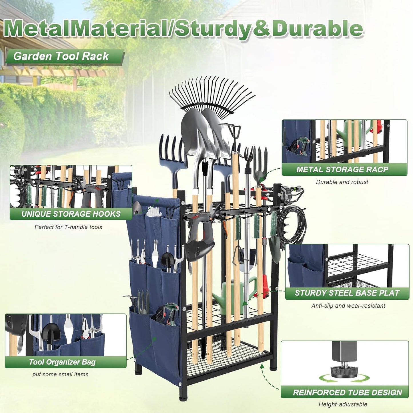 Garden Tool Organizer, Garden Yard Tool Rack for Garage, Garage Organization and Storage, Metal Yard Tools Storage up to 46 Tools/Rake/Broom/shovel/, Suitable for Garage, Yard, Patio, Shed