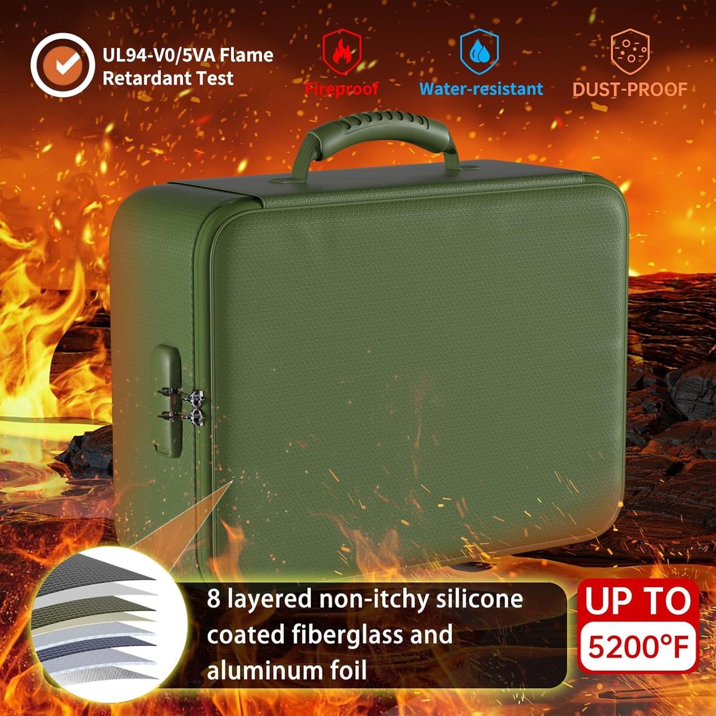 DocSafe 5200°F Document Organizer with Lock,Upgraded Heat Insulated Fireproof＆Waterproof Box 8 Layers File Organizer,Portable Home Travel Safe Storage for Important Documents, Files,Green (Soft)