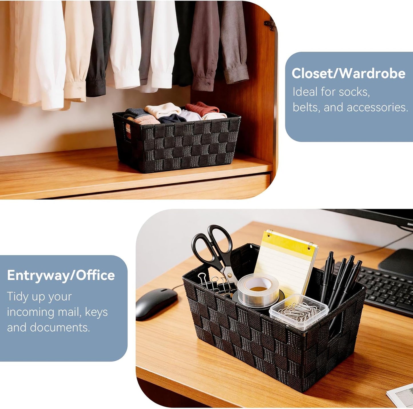 Small Woven Storage Baskets for Shelves - Decorative Bathroom Organizer Bins, Versatile Shelf Storage Solution for Home Organization & Closet (Black）