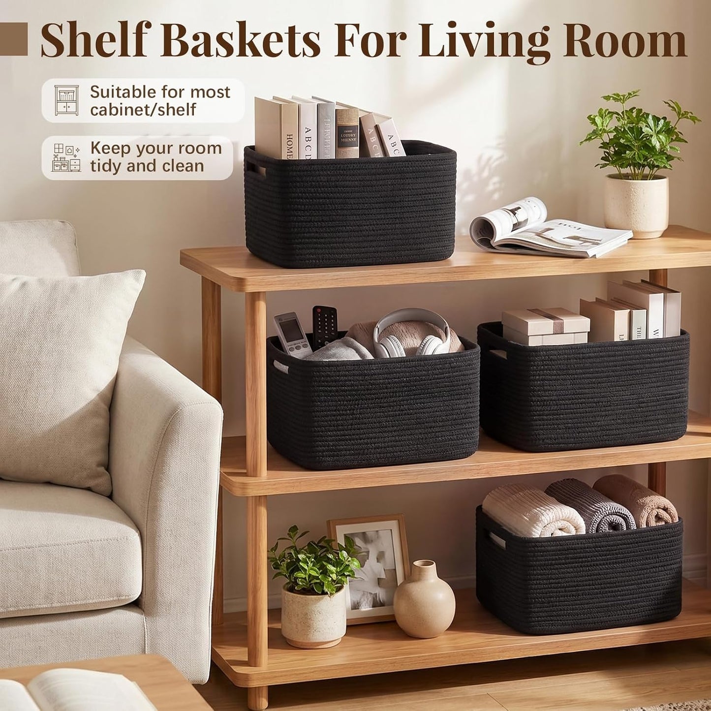 OIASKET 4Packs Natural Cotton Rope Storage Baskets for Organizing Toys, Clothes, Towels & Books, Soft Versatile Organizers for Shelves, Home Decorative Bins, 13''Lx9''Wx7.8''H, Black