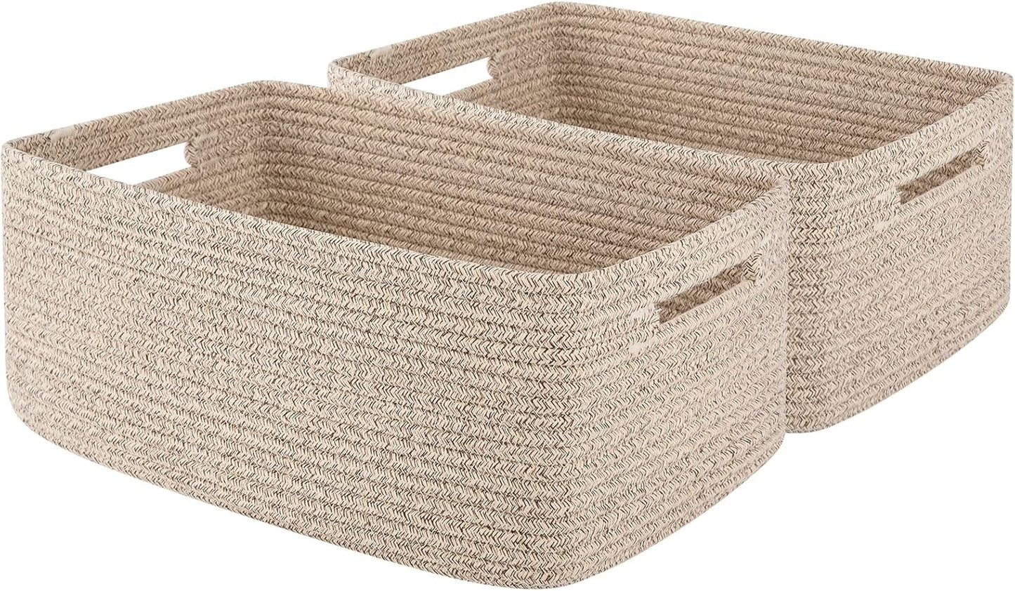 OIAHOMY Storage Basket for Shelves, Closet Cube Storage Bins Baskets for Clothes Blanket Towels, Baby Nursery, Toy Baskets Box, Woven Rope Basket, 15.75 * 11.81 * 7.09 IN, 2 Packs Brown