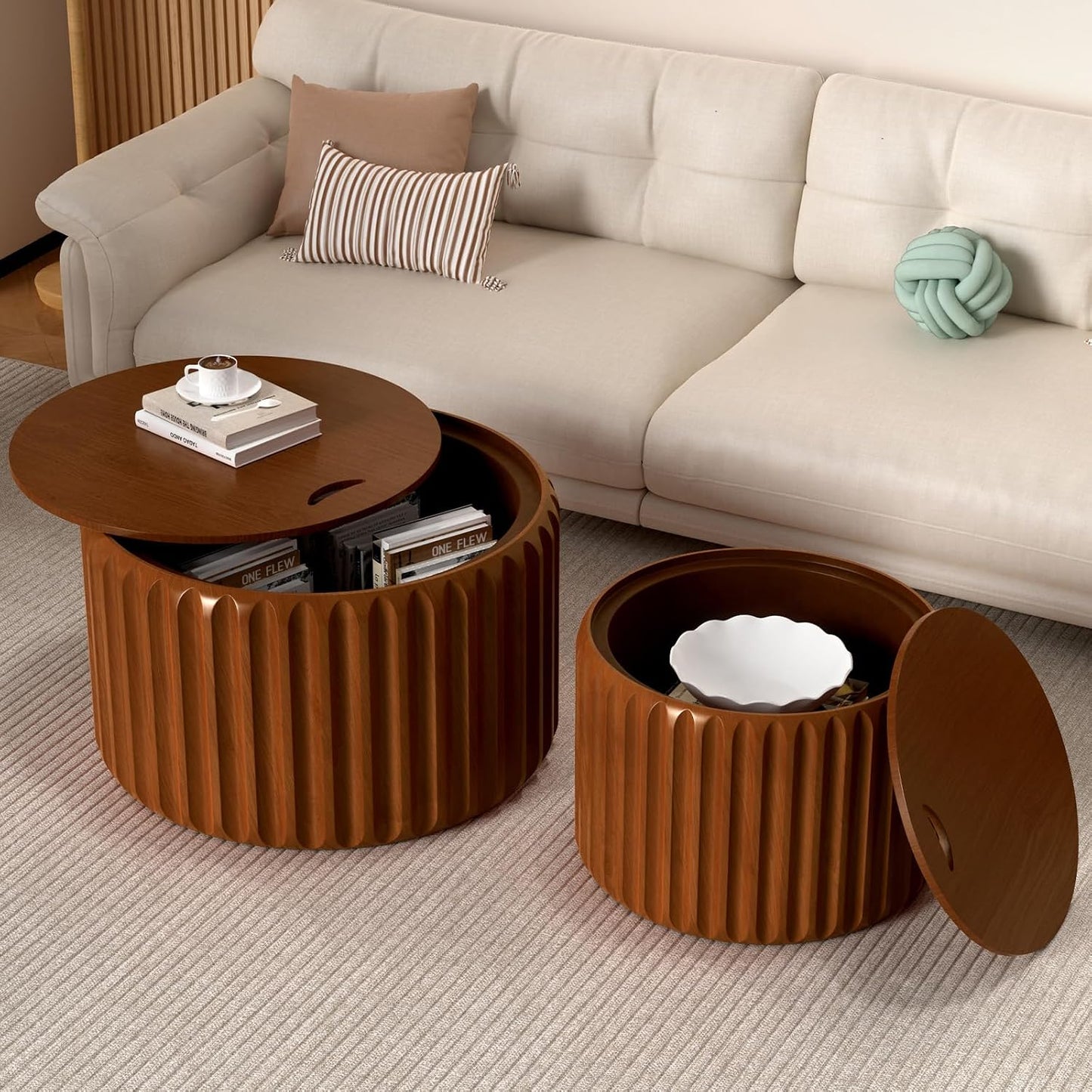 26" Round Nesting Coffee Table Set of 2 with Storage, A | Flip-Top Lid, Wood Veneer Tableop, Wood Groove, Non-Slip Pad, For Living Room, Nesting Design, 2-Piece End Table Sets