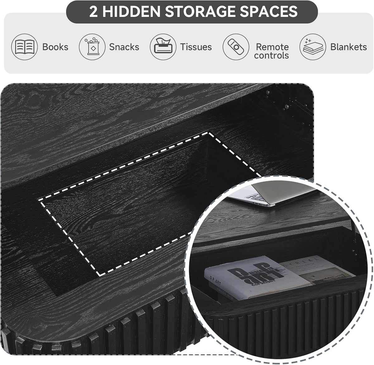 Lift Top Coffee Table for Living Room,Rectangle Handmade Solid Wood Strips, Fluted Coffee Table with Hidden Storage Compartment for Small Space Office Apartment (38.6"L×26.8''W×13.8''H-Black)