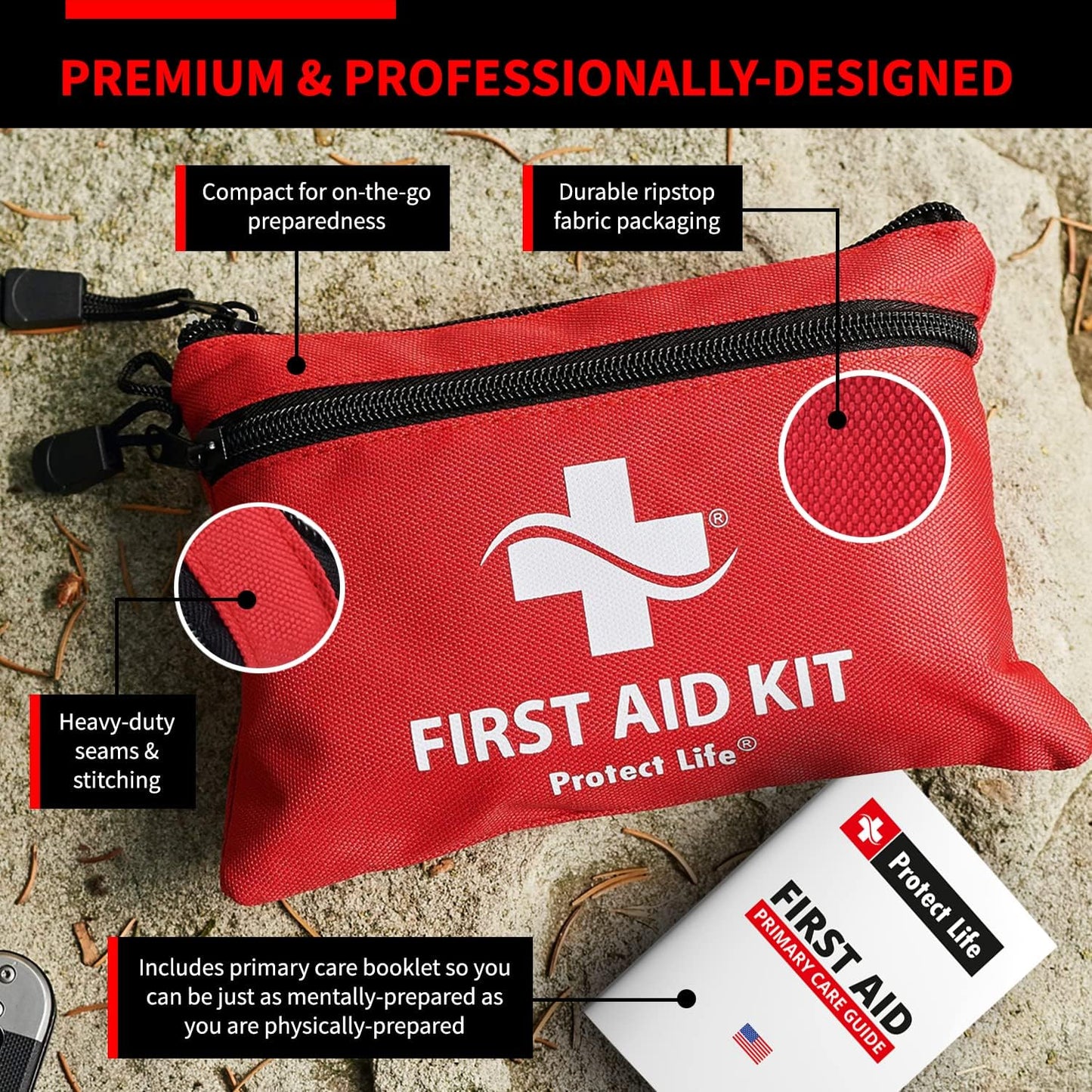 Protect Life Doctor Developed Mini First Aid Kit, 100 Piece Waterproof Emergency Kit for Car, Boat, Camping & Travel, Includes Emergency Blanket, Tourniquet & First Aid Guide