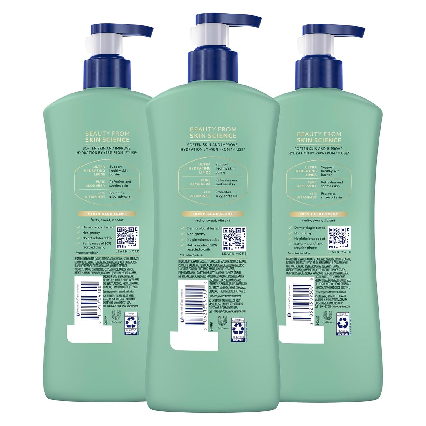 Vaseline Intensive Care Body Lotion for Dry Skin Soothing Hydration Lotion Made with Ultra-Hydrating Lipids + 1% Aloe Vera Extract to Refresh Dehydrated Skin 20.3 oz, Pack of 3 (packaging May Vary)