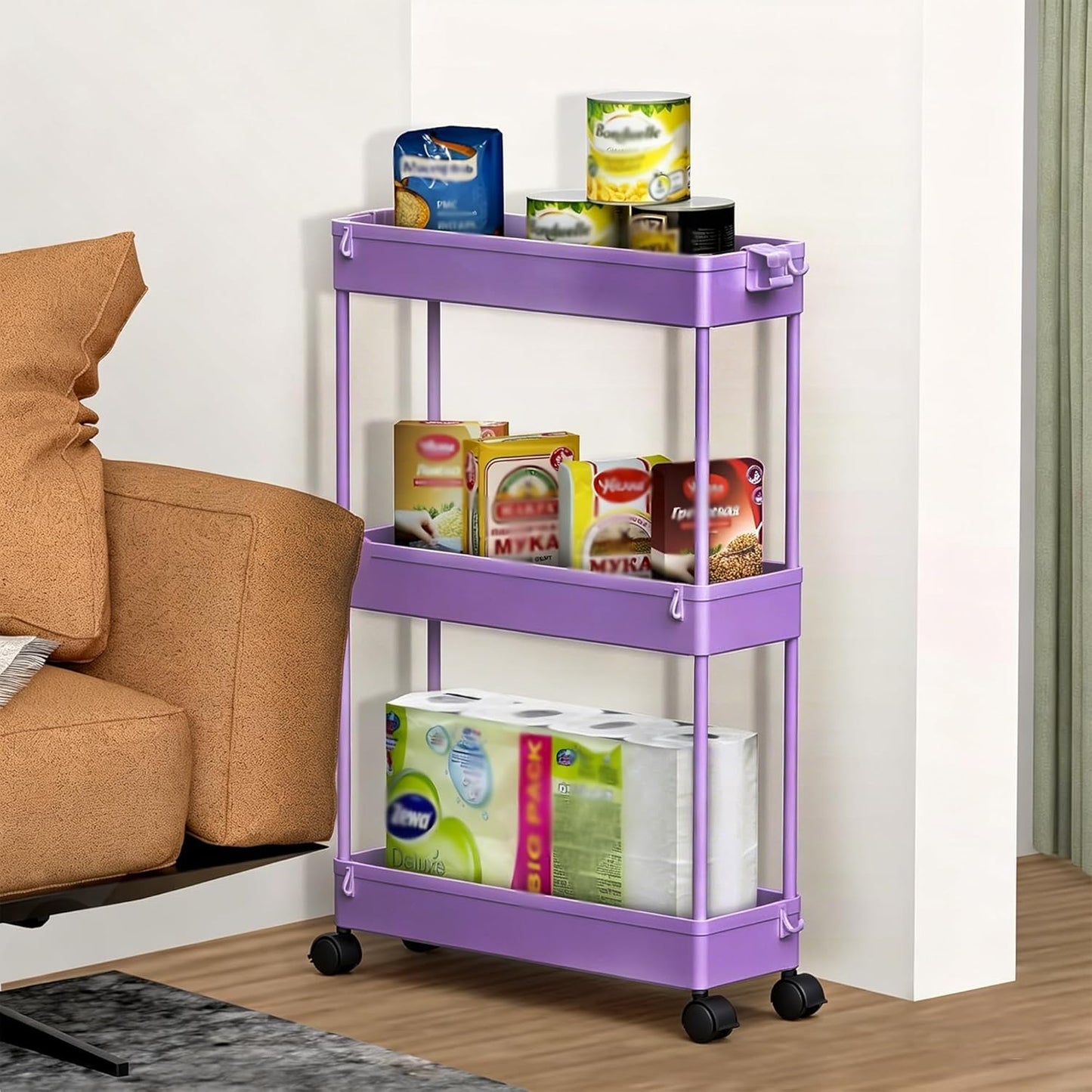 SPACELEAD Slim Storage Cart 3 Tier,Bathroom Organizer Rolling Utility,Mobile Shelving Unit Slide Out for Office, Kitchen, Laundry Room & Narrow Places,Purple