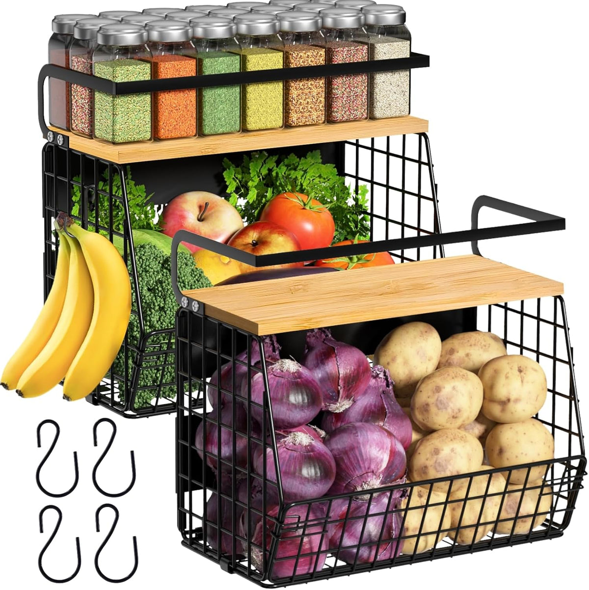 Magnetic Shelf for Fridge with Wood Lid, Fruit Potato and Onion Storage Bins, Pantry Organizers & Storage, Large Container Magnetic Spice Rack for Refrigerator, Kitchen Counter, Cabinet (Blue, 1)
