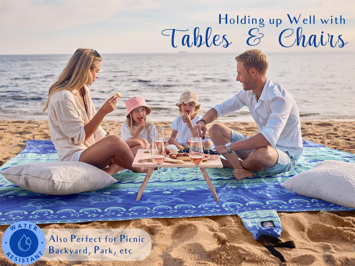 WEKAPO Beach Blanket Waterproof Sandproof Oversized Extra Large Sand Free Beach Mat with Stakes, Storage Bag - Essentials for Outdoor Beach, Picnic (Bohemian Sealife, 8 X 7 FT (1~4 Person))