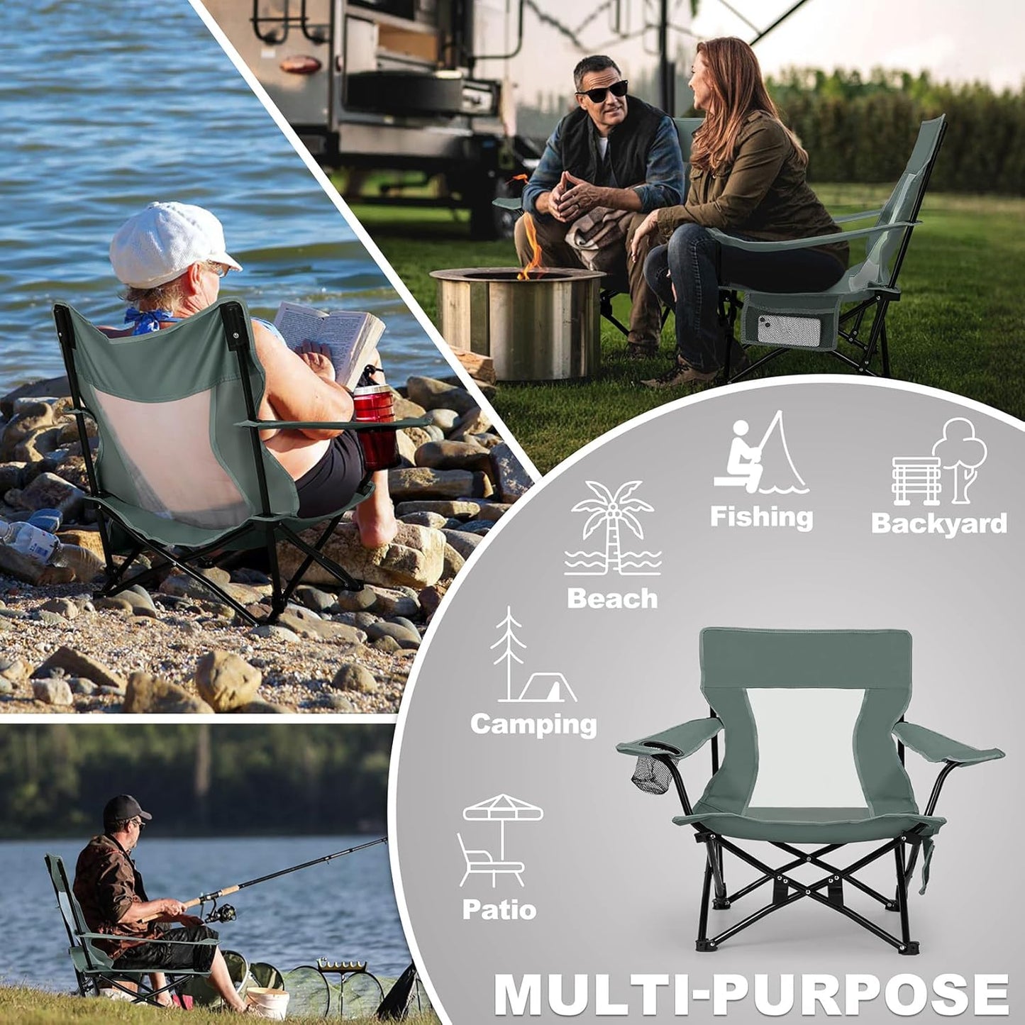 Joyfair Beach Camping Chair (2 Pack), Outdoor Folding Chair for Adults, Heavy Duty Portable Chair for Outside Fishing, Lawn, Sport, Patio, Armrest Cup Holder & Storage Pocket, Carry Bag (Grey)