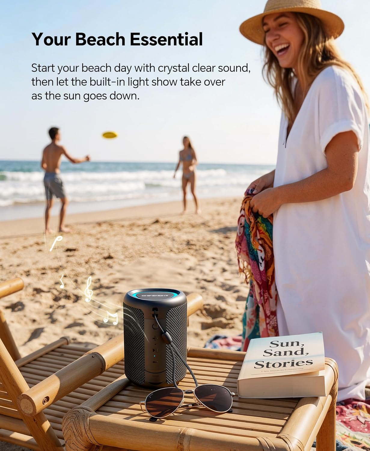 Portable Bluetooth Speaker Beach Essentials: Powerful Crystal Clear Sound/Dynamic Light/IPX5 Waterproof/All Day Playtime/Wireless BT 5.3/TWS Paring, Dad Gifts, Outdoor|Travel|Camping|Pool Accessories