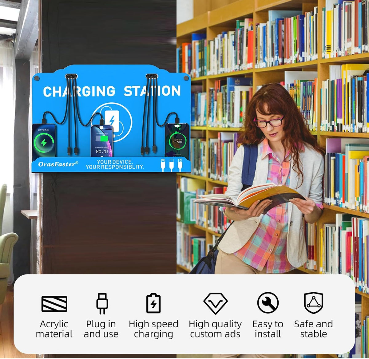 Wall Mounted Cell Phone Charging Station | Multi-Device Station with 8 Port Charging Dock | Application for Library, Hotel,Office,Hotels, Hospitals