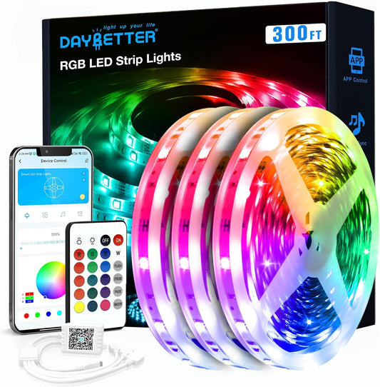 DAYBETTER LED Strip Lights 300 ft, Smart Light with App Remote Control, RGB LED Lights for Bedroom, Music Sync Color Changing for Room Home Decor Party Festival Halloween, Christmas (3 Rolls)