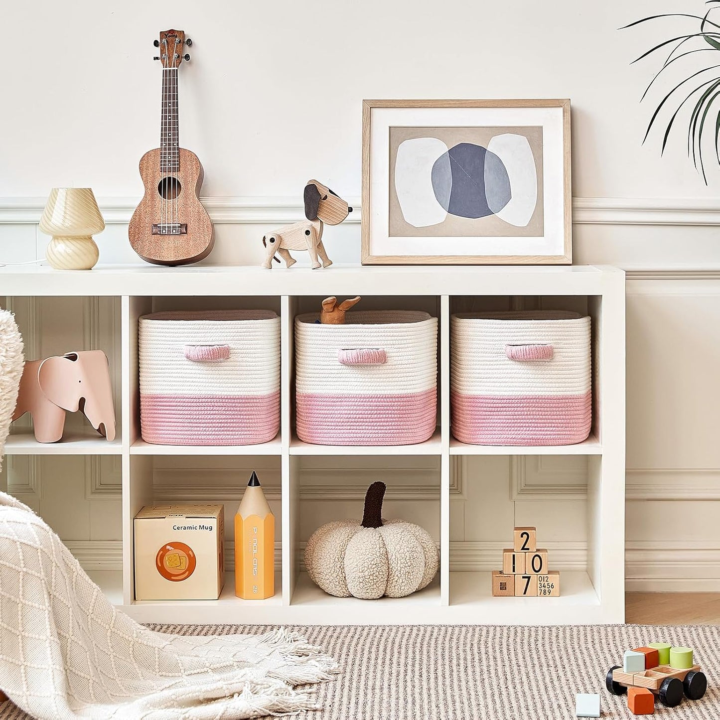 R RUNKA Storage Cube Baskets for Organizing 11 inch-3 Pack- Square Baskets for Cube Storage, Closet Storage Bins - Woven Cube Storage Bins for Shelves- Cube Drawer- Ideal for Toy Storage White & Pink