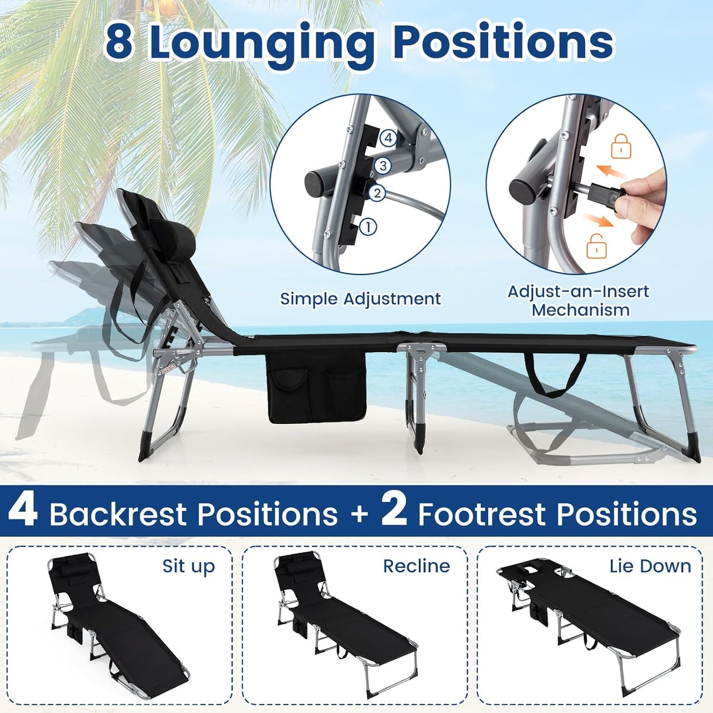 COSTWAY Tanning Chair with Face Hole, Folding Beach Lounge Chair with 4-Position Adjustable Backrest, Pillow & Side Pocket, Foldable Chaise Lounge Chair Outdoor for Sunbathing, Camping (1, Black)
