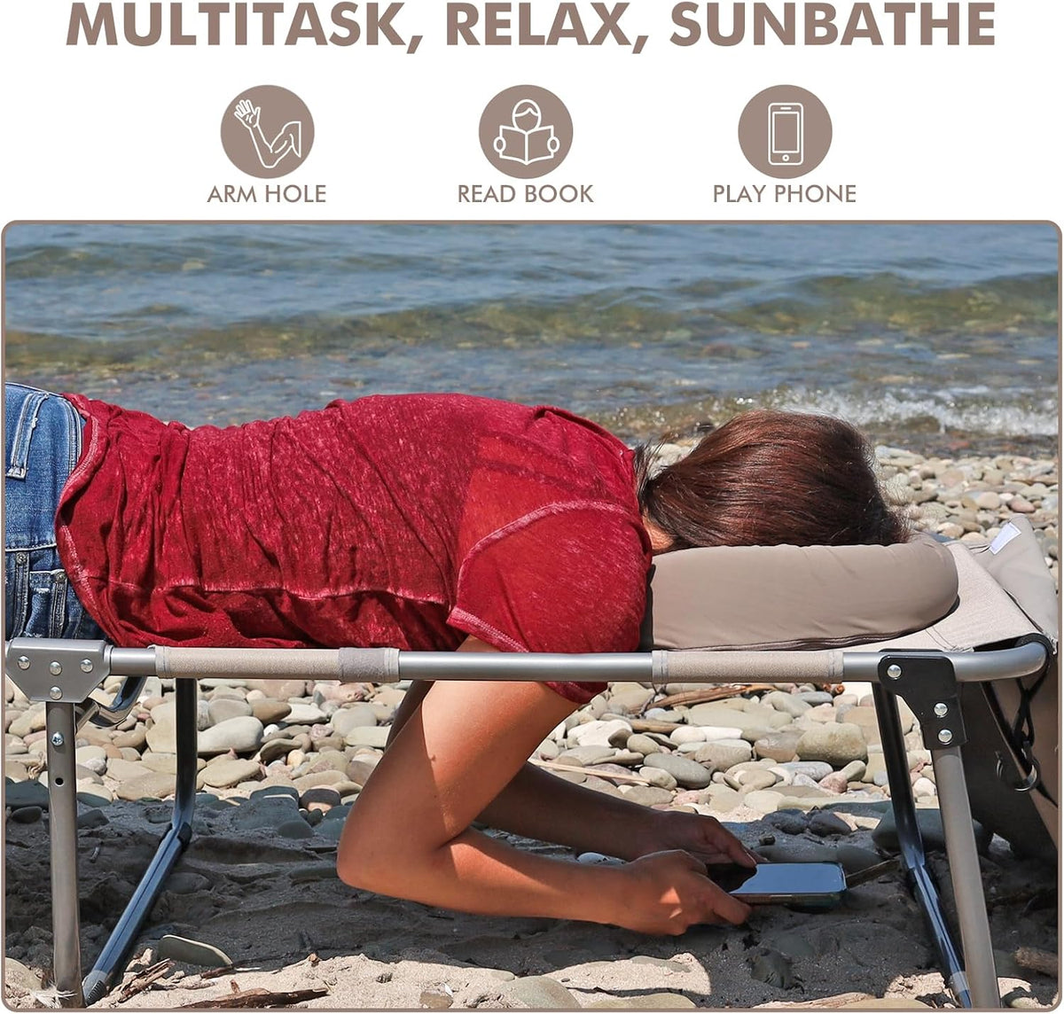 Tanning Chair with Sun Canopy Face Hole Softer Padded Adjustable Washable, Heavy Duty Layout Folding Lounge Chair for Adults Outside Beach Reading Sunbathing Poolside Lawn, UPF 50+ Sun Shade, 300 LBS