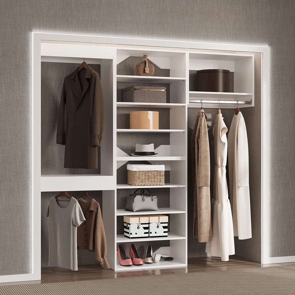 Modular Closet, 84" Wide Organizer with Towers and Hanging, Wood Tower Storage for Walk-in Closets, Wall-Mounted Wardrobe Organizer Kit, White