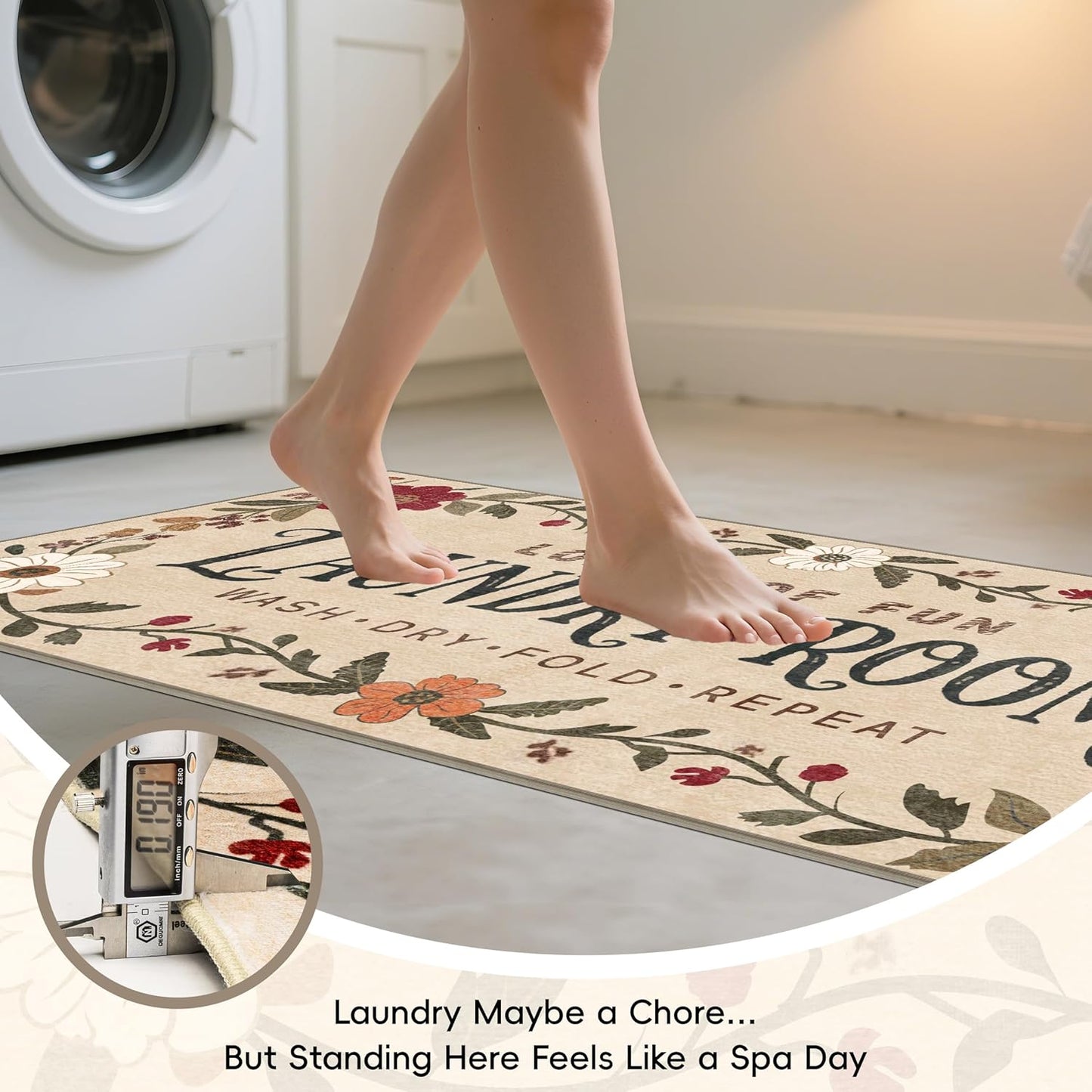 Laundry Room Rug 20"x47" – Low-Profile Boho Non-Slip Runner Rug with TPE Backing, Durable Washable Soft Laundry Mat, Comfortable Floor Mat for Laundry Room Organization, Fits Washer Front, Kitchen Mat