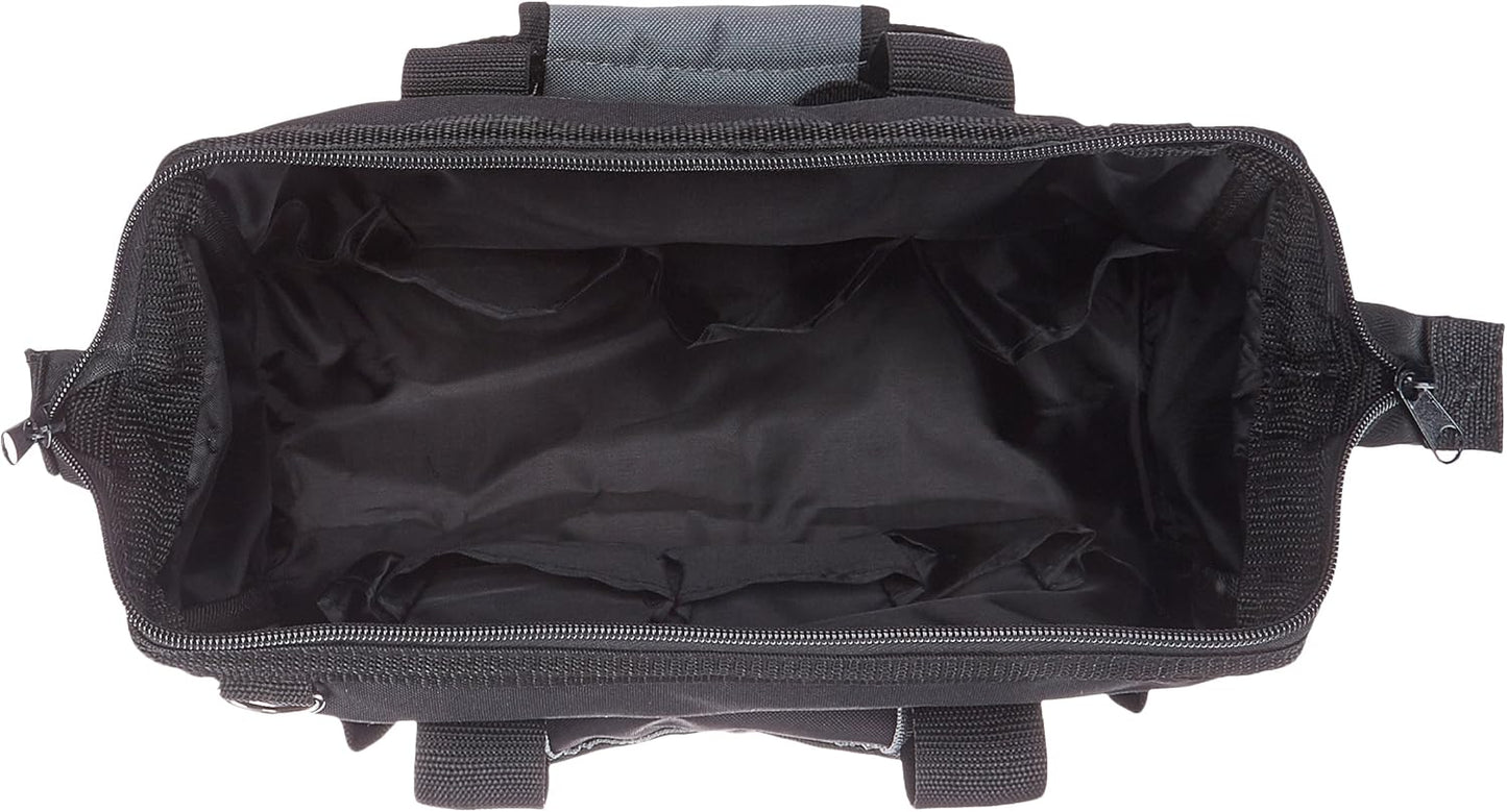 Amazon Basics Durable Wear-Resistant Tool Storage Bag with Adjustable Shoulder Strap, Portable Tool Organizer, 16 Pockets, 12 in, Black & Gray