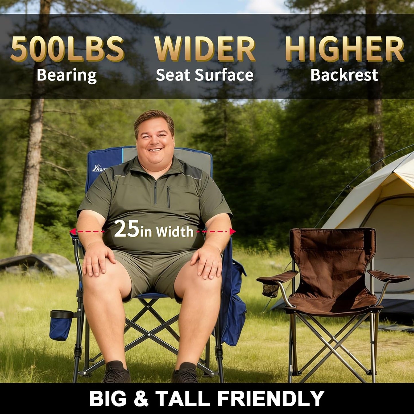 Romswi Oversized Camping Chairs 2 Pack, 500 LBS Heavy Duty Folding Lawn Chairs with Hard Armrests, Wide Seat Outdoor Chairs with Cup Holder & Side Pocket for Camping Beach Sports Backyard
