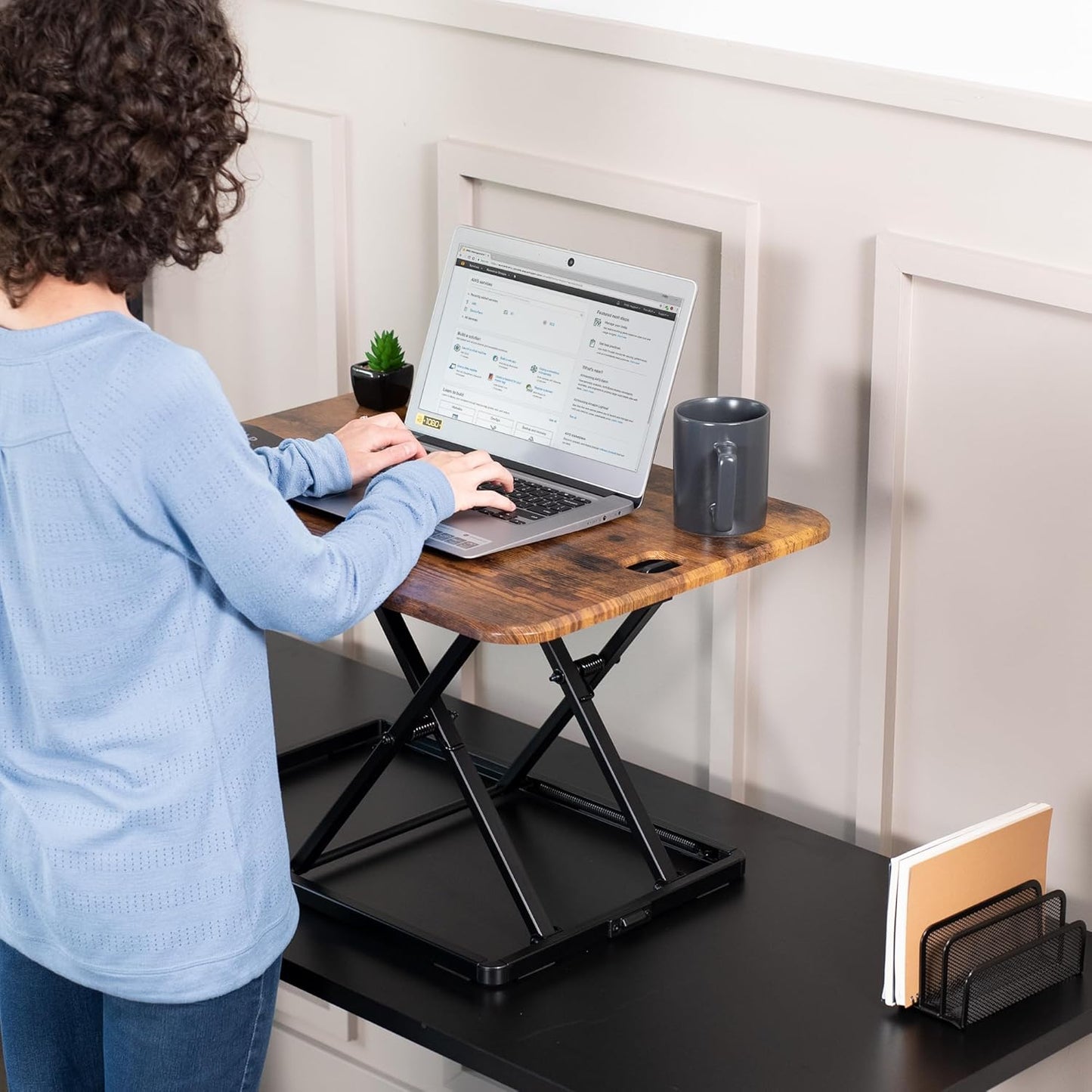 VIVO Ultra-Slim Single Top Height Adjustable Standing Desk Riser, Compact Sit Stand Desktop Converter for Monitor or Laptop, Rustic Vintage Brown, DESK-V001JN