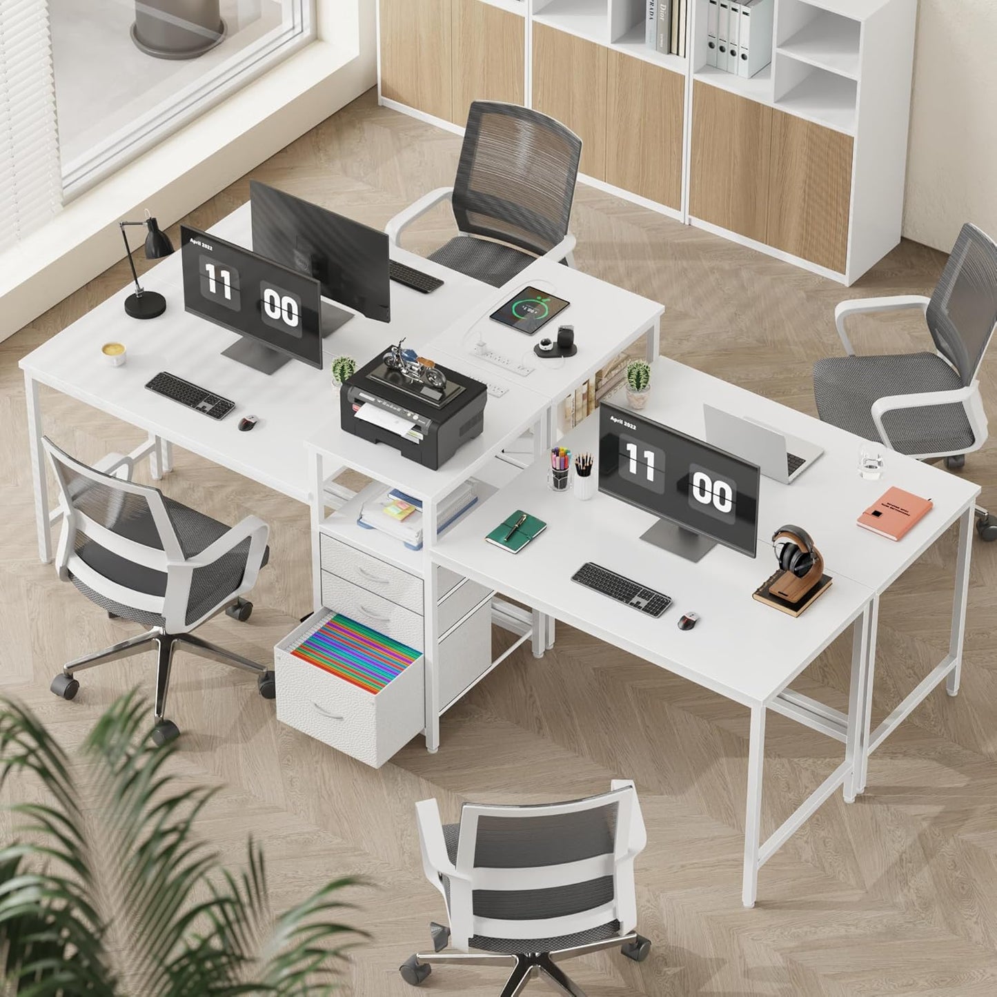 GYIIYUO 93'' Two Person Desk with Charging Station, Long Desk with 3 Drawers and Printer Shelf, Double Computer Desk, 2 Person Writing Study Table Workstation for Home Office, White