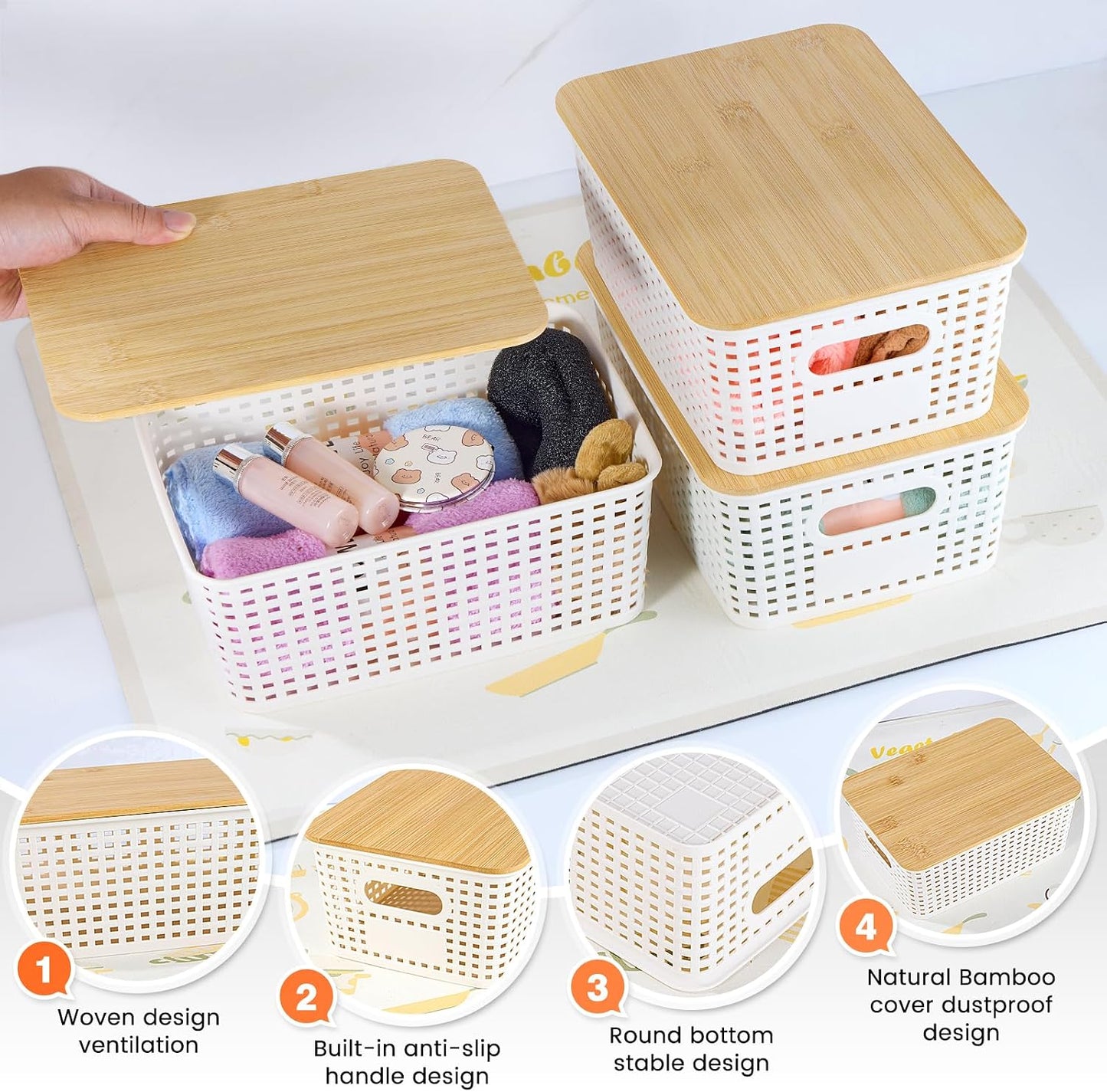 Ohmlove 6 Pack Plastic Storage Baskets with Bamboo Lids for Organization | Stackable Storage bins, Storages Baskets for Organizing Shelves Drawers Desktop Closet Playroom Classroom Office, Cream White