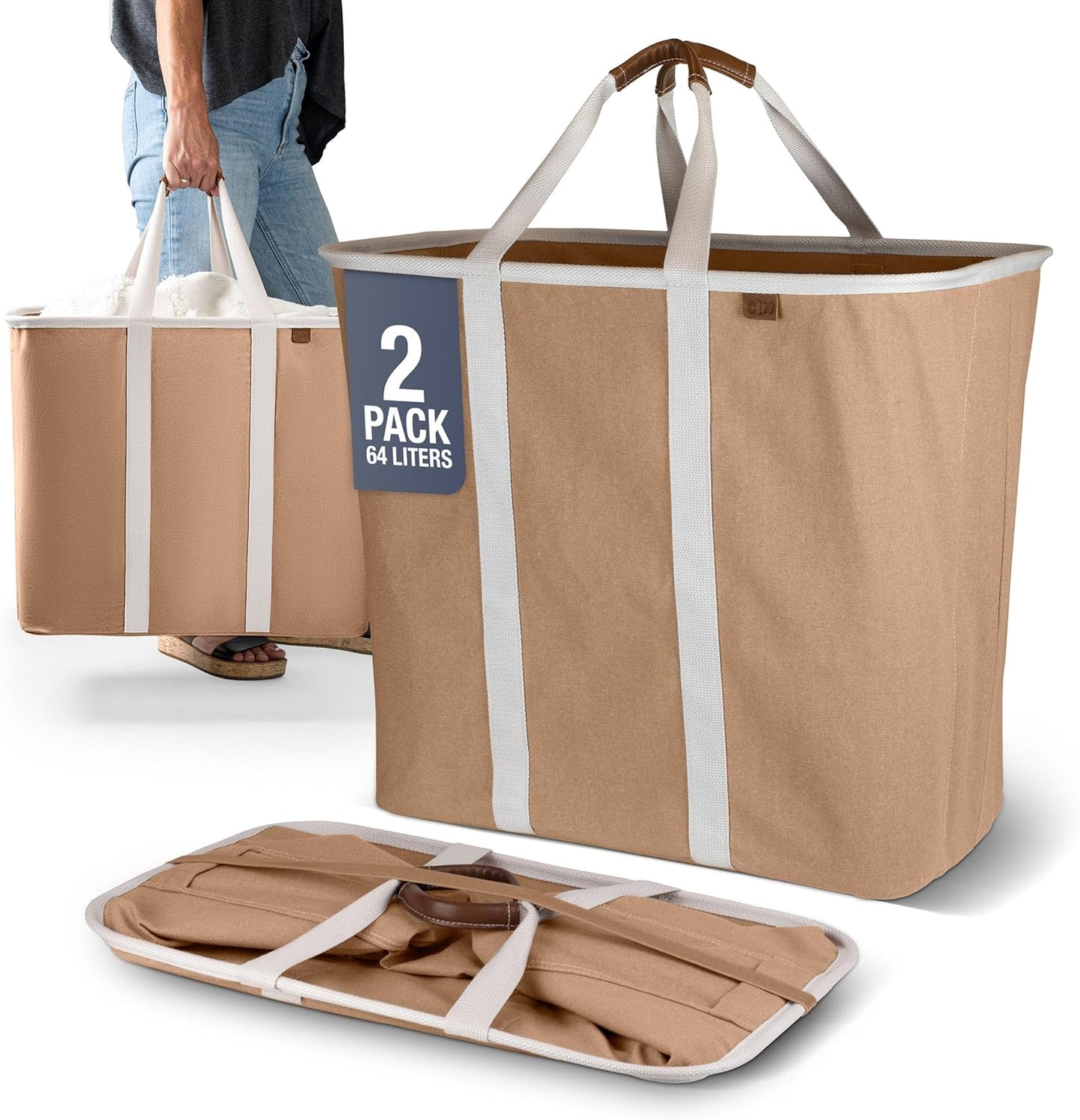 CleverMade Collapsible Fabric Laundry Hamper Premium, Mocha, 2 Pack | Upgrade Visible Laundry Storage | Refined Fabric and Vegan Leather Suit Open Rooms, While Structured Frame Carries 2 Loads